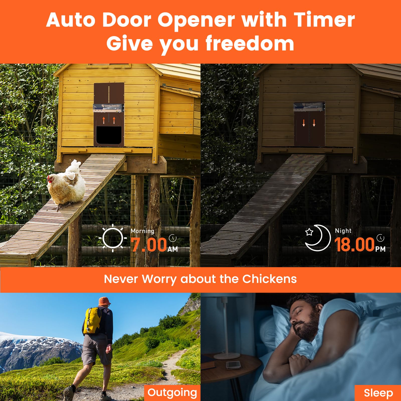 Porta Automatica per pollaio ad energia Solare, Porta per polli con Display LCD, Timer e sensore di Luce, Mix 4 modalità, Porta per polli in Lega di Alluminio, Portata 10 m, Telecomando