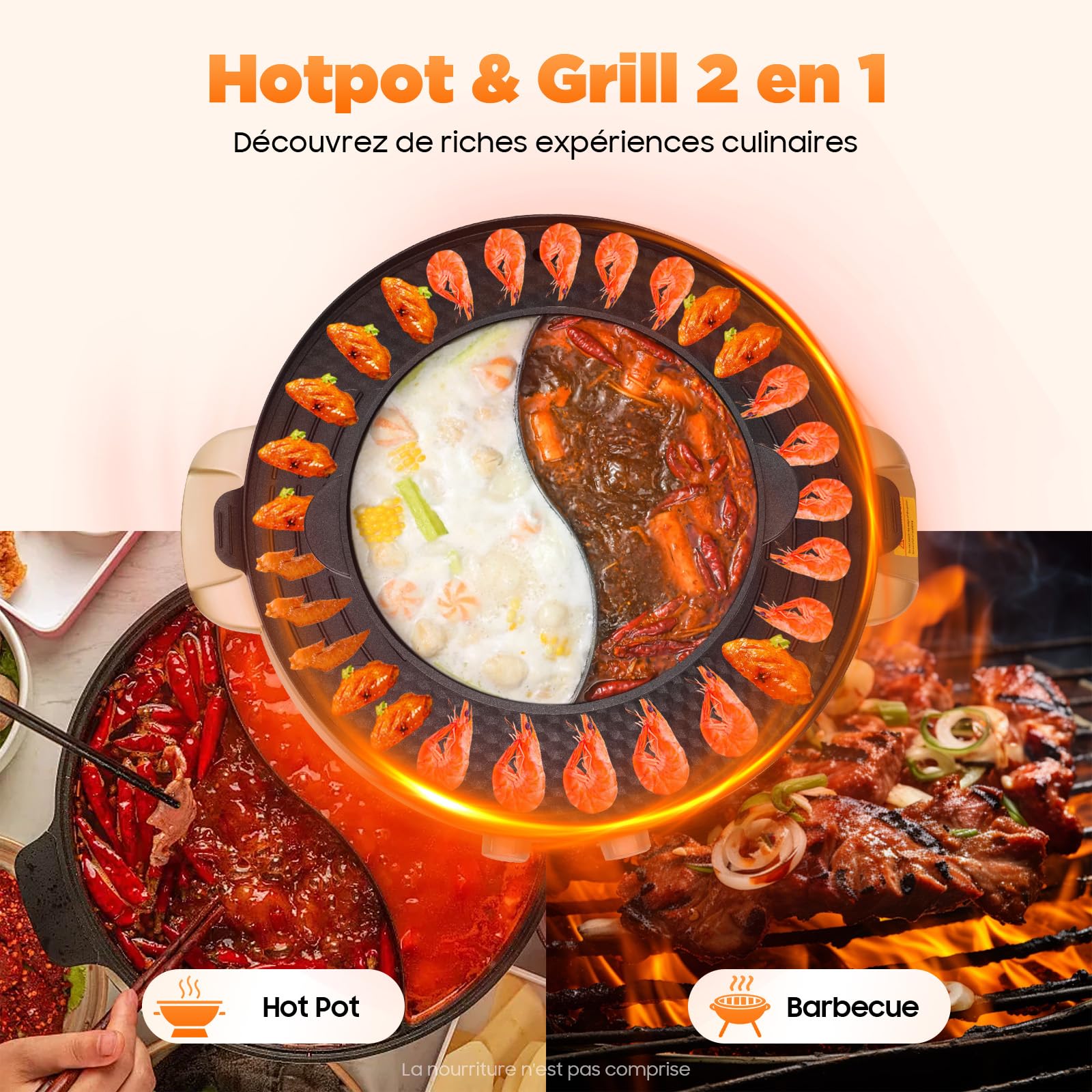 Appareil Fondue Chinoise Hot Pot 2 en 1, 2200 W Electrique Barbecue Coréen de Table avec Revêtement Antiadhésif, Portable Casserole Électrique Amovible pour Hot Pot BBQ Coréen, 52x18.5cm