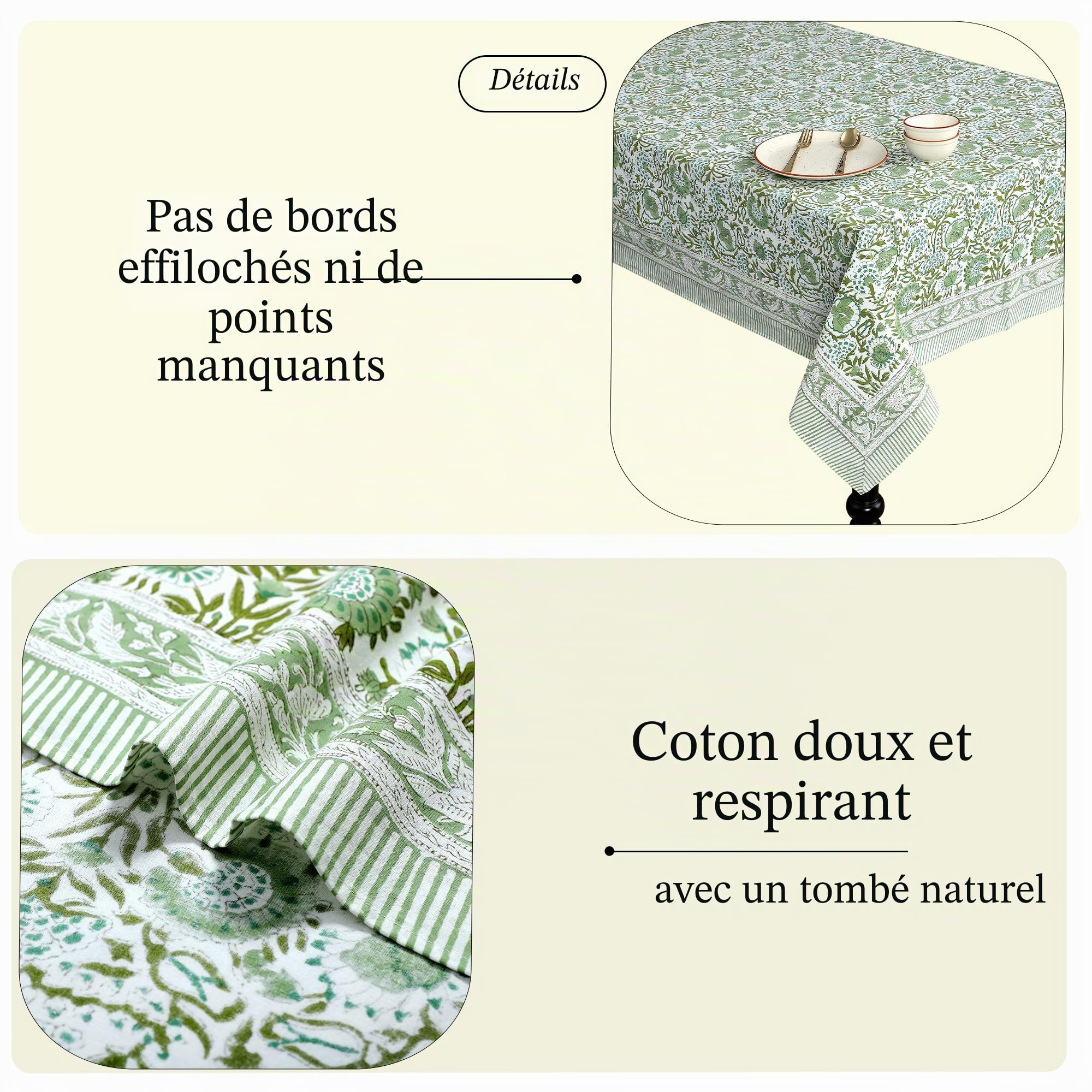 CPC Nappe rectangulaire 100% Coton - Imprimé Main Indienne - 4 Places - 152,4 x 152,4 cm - Lavable et réutilisable - pour Maison, Restaurant, hôtel, événement et Utilisation Quotidienne