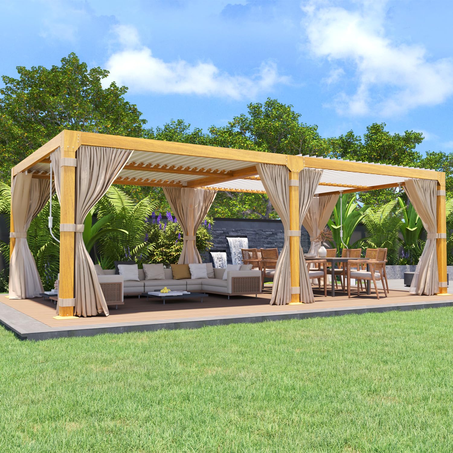 UPHYB Louvered Pergola 12x24ft, Adjustable Aluminum Pergola with Waterproof Curtains and Nets, Sun & Rain Shade for Patio, Modern DIY Outdoor Living