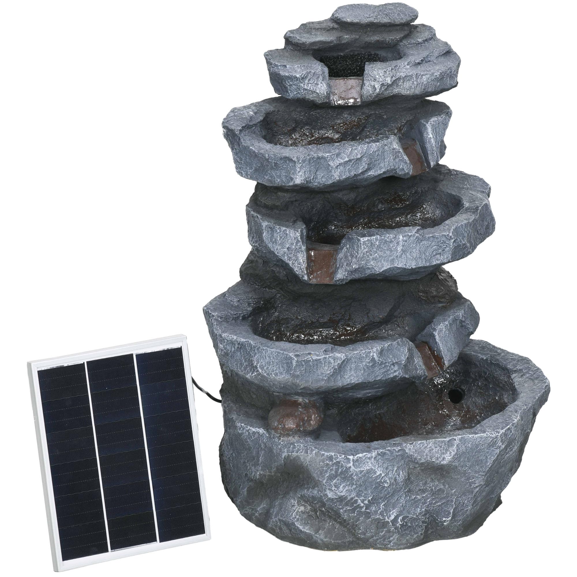 Outsunny Fontaine de Jardin à énergie Solaire Roche en Cascade à 5 Niveaux en résine avec lumières LED et Pompe dim. 38L x 31l x 55H cm Gris