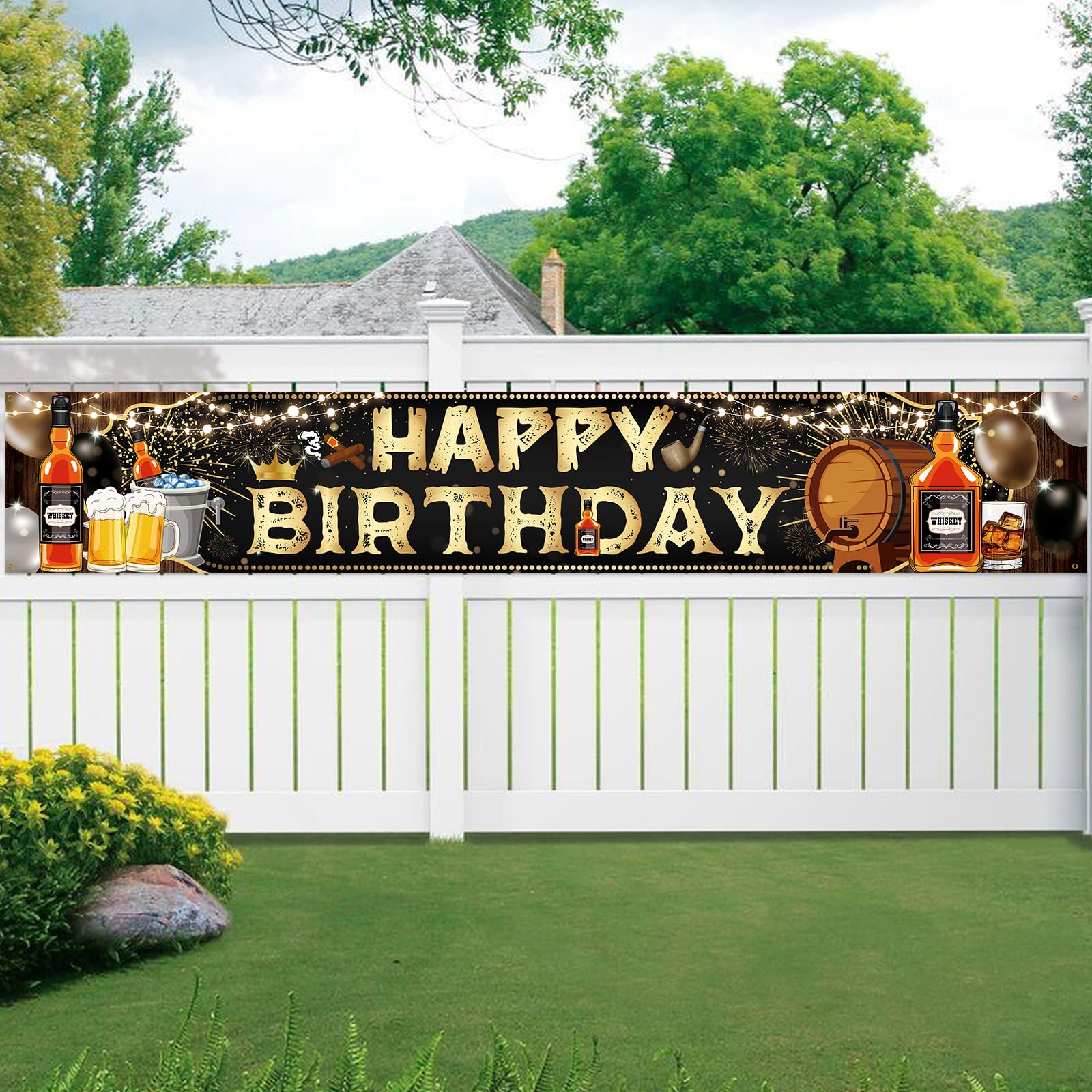 Decoraciones de fiesta de cumpleaños de whisky para hombres, póster grande de oro negro envejecido a la perfección, suministros de fiesta, cartel de feliz cumpleaños con temática de whisky y cerveza