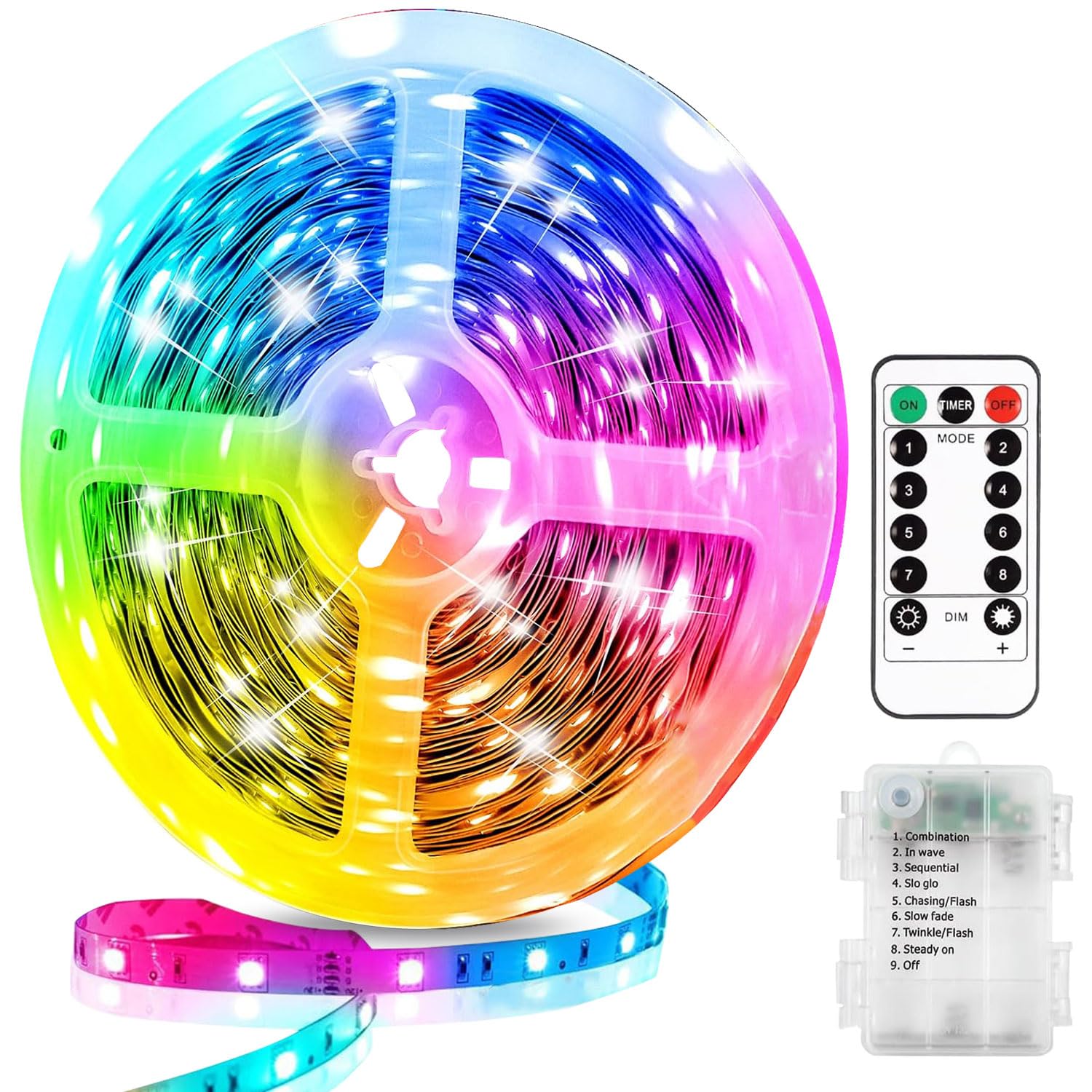 YeahBoom LED Strip Battery Operated, 1 Metre LED Strip, Self-Adhesive, with 8 Modes Timer Remote Control, Waterproof Light Strips, Flexible Cuttable, for Bedroom, Cabinet, Home Decoration (Colourful)