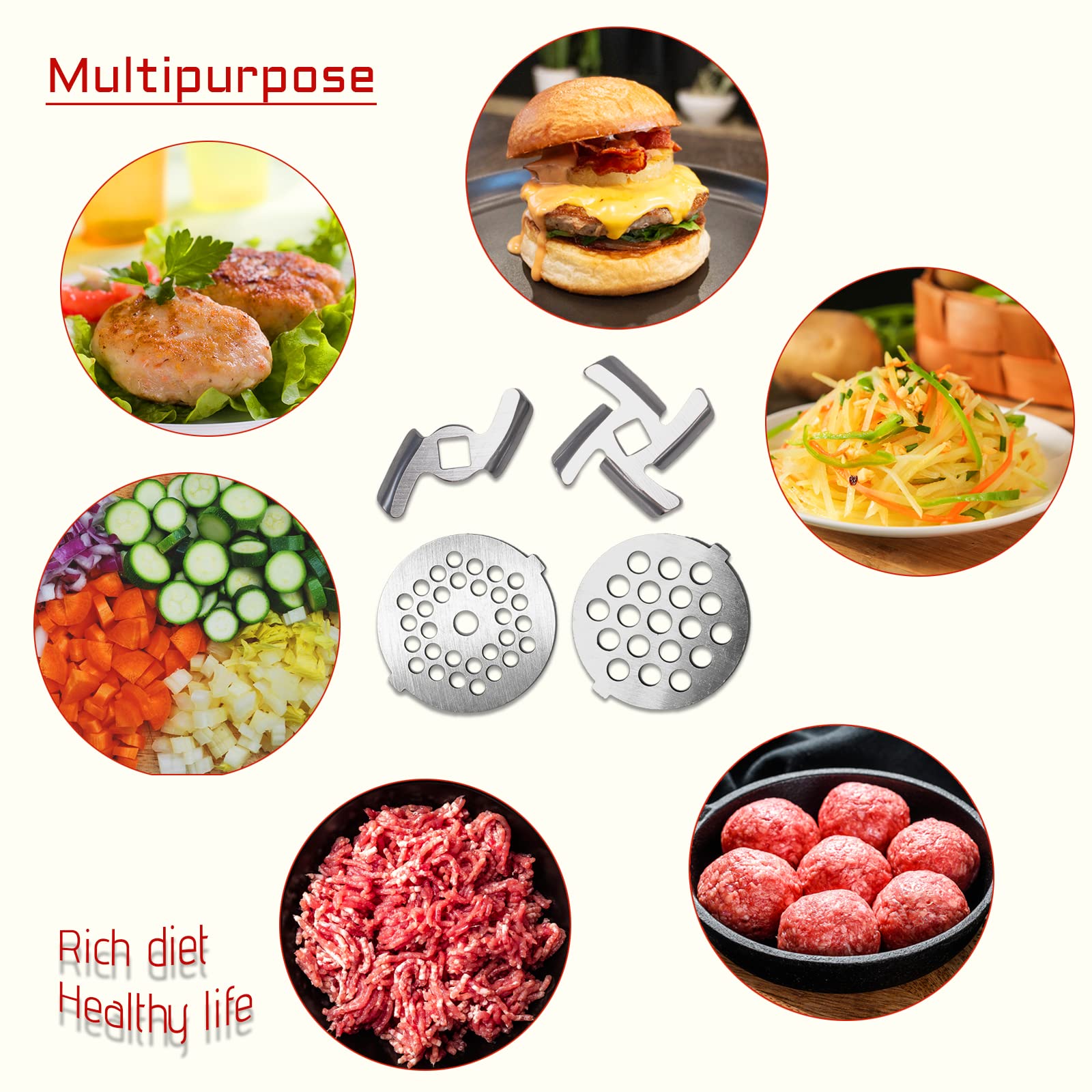 VNIMTI Meat Grinder Blades and Plate, Stainless Steel Meat Grinder Attachments for Stand Mixer, Meat Mincer Parts with 2 Sharp Blades and 2 Cutting Plates