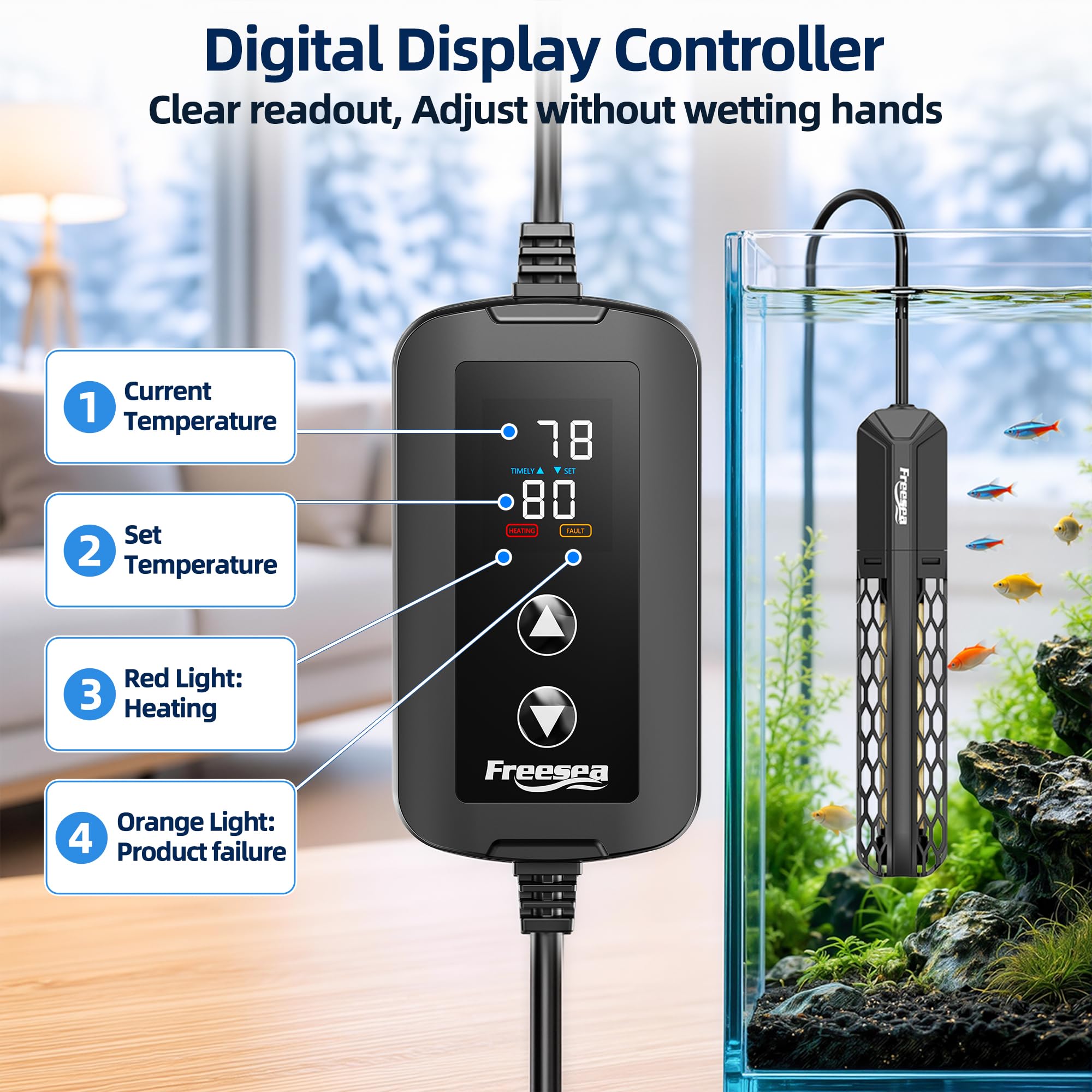 FREESEA Chauffage d'aquarium pour aquarium : 100 W/200 W/300 W/500 W - Chauffage submersible pour aquarium avec protection contre la surchauffe et hors de l'eau pour eau salée et eau douce 20