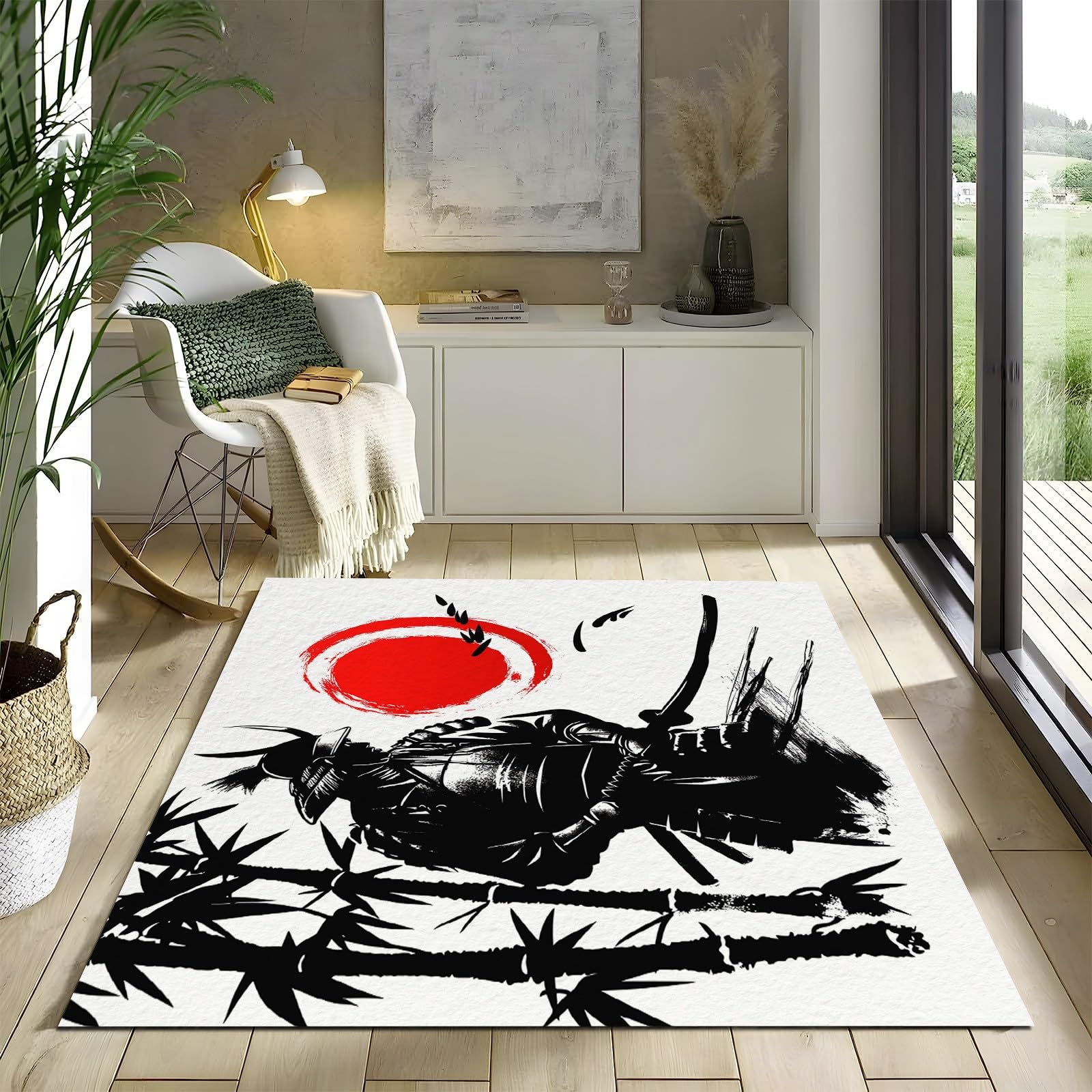 Tapis de Salon 80x150 cm Peinture L'Encre Samouraï Japonais, Tapis Lavable en Machine et Antidérapant - Moquette à Poil Ras Doux pour Chambre et Bureau - Blanc