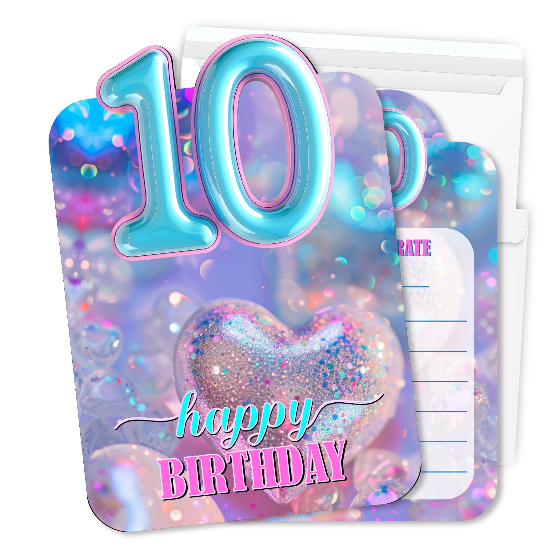 Putocopic 10th Blue Balloon Birthday Invitations for Girls, Tenth Birthday Party Fill In Invitations with Envelopes, 30Pcs, 5x7 Inches