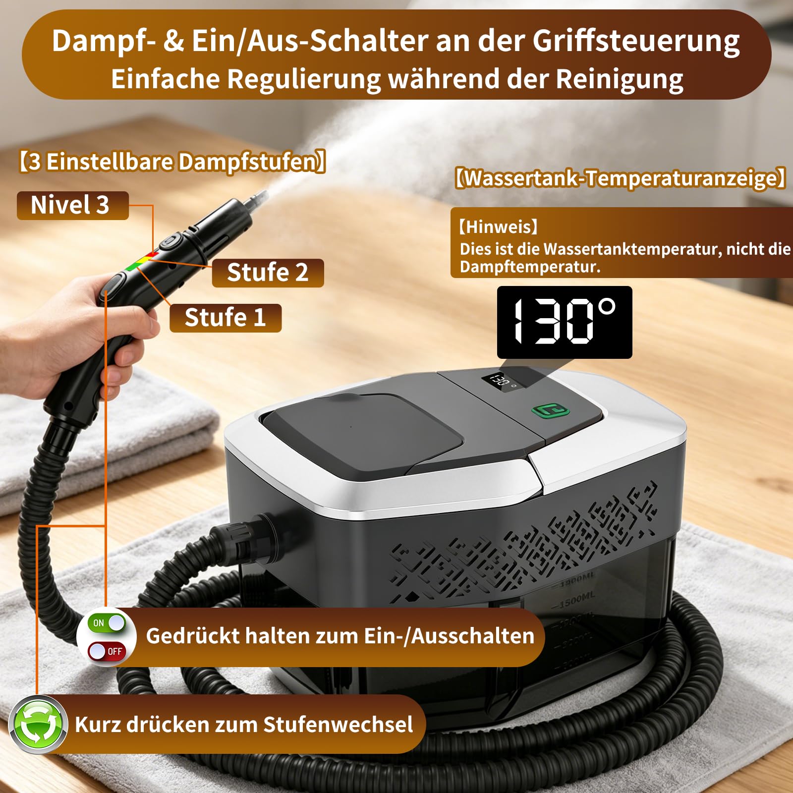 Dampfreiniger Handgerät, 2500W Handdampfreiniger mit Stufengriff, 8 Düsen, 1,8L Tank, 3 Dampfstufen, 4 BAR Hochdruck, 15S Heizzeit 105℃, Tragbarer Dampfreiniger für Auto Küche Bad Polster BBQ