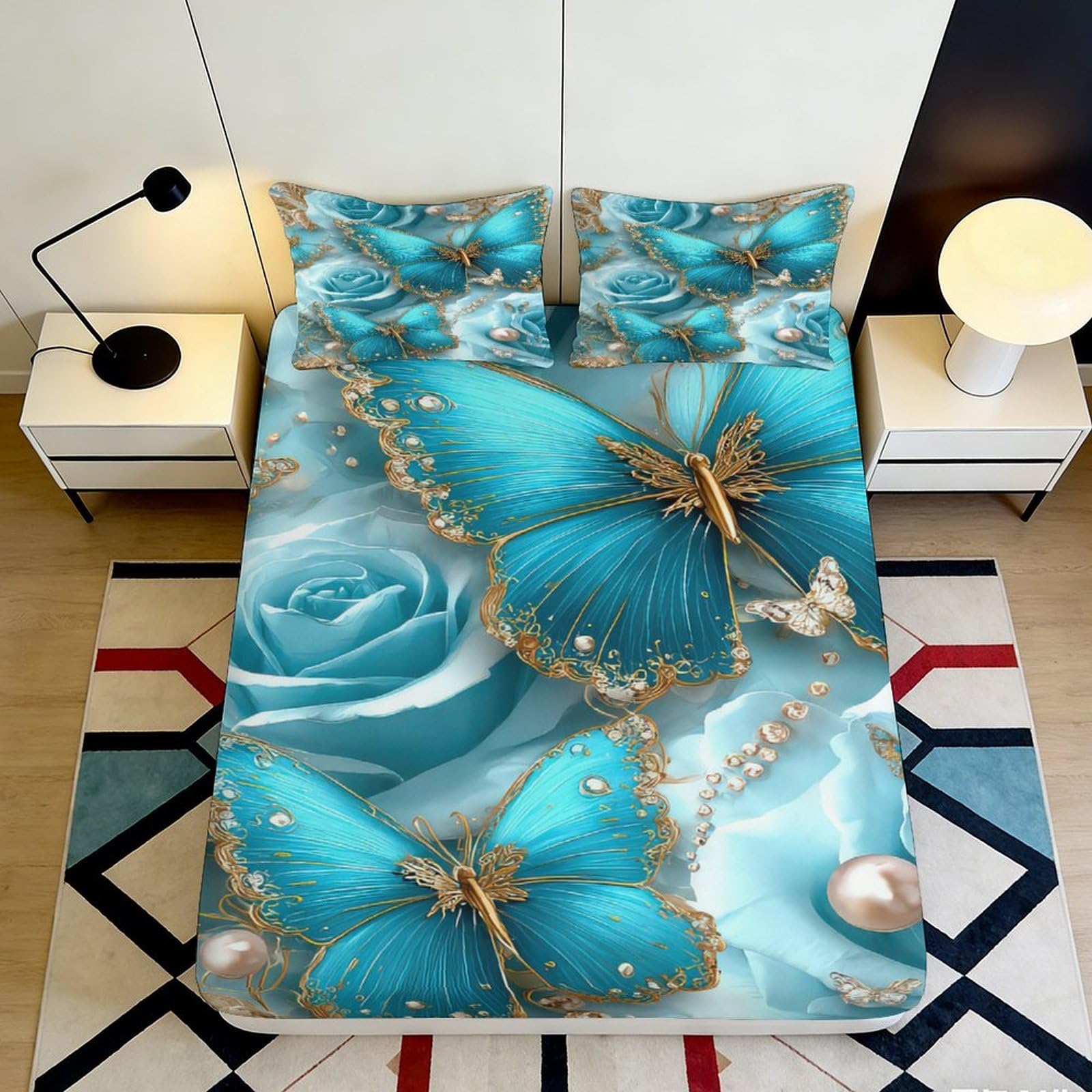 Jqzkxnhpbr Style-3 3D Printed Blue Butterfly Fitted Sheet Microfiber Soft Decorative Rose Mattress Cover For Bedroom Guest Room Dorm 90X200x25cm