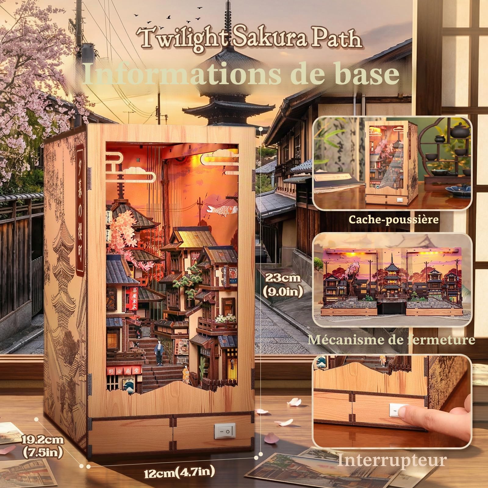 CUTEBEE Book Nook Kit - Maison de Poupée pour Adultes, Scène de Rue Japonaise Miniature, Décoration de Bibliothèque, Cadeau pour la Famille (Twilight Sakura Path)