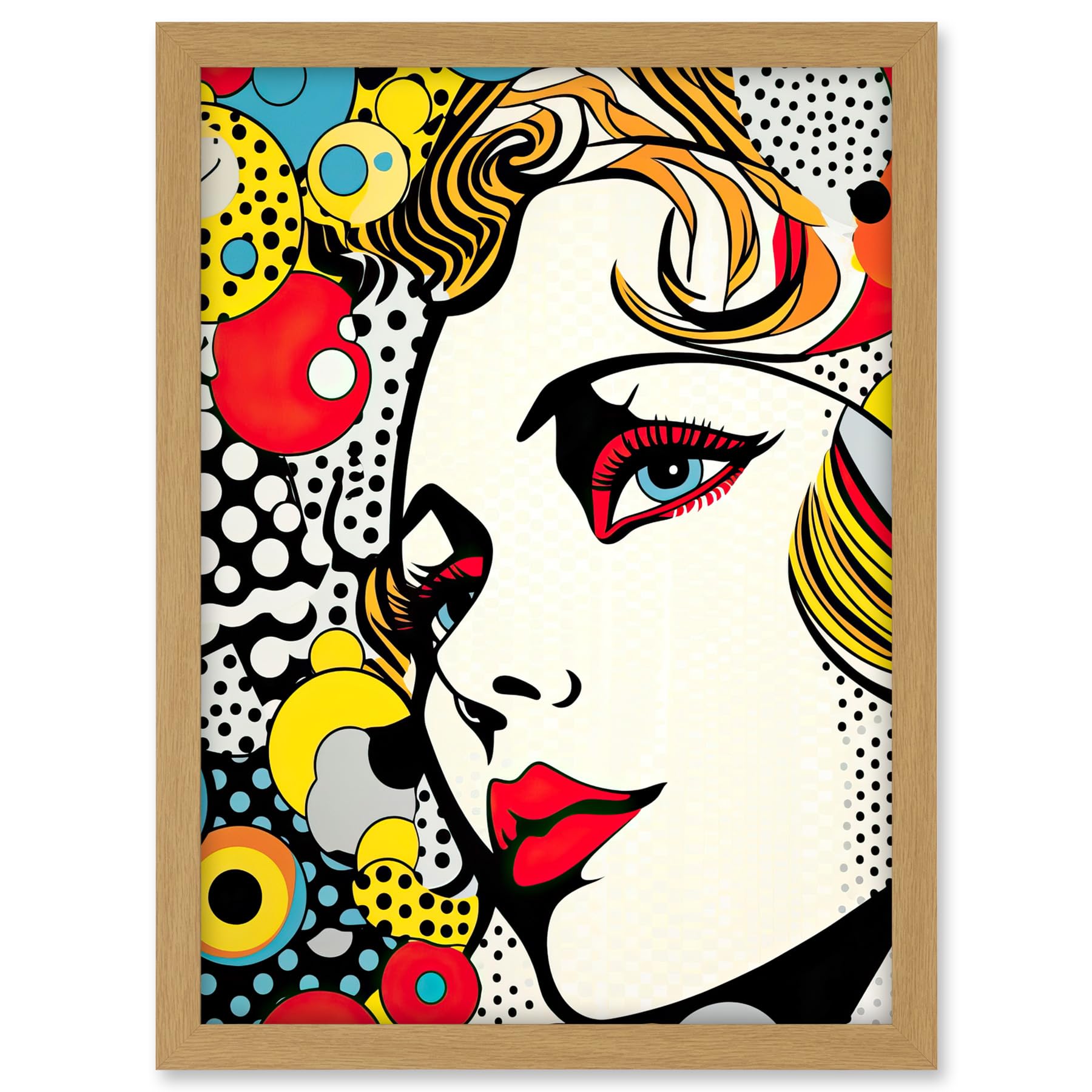 Artery8 Woman Face Geometric Patterns Bubbles Comic Book Style Pop Art Teen Room Halftone Artwork Framed A3 Wall Art Print