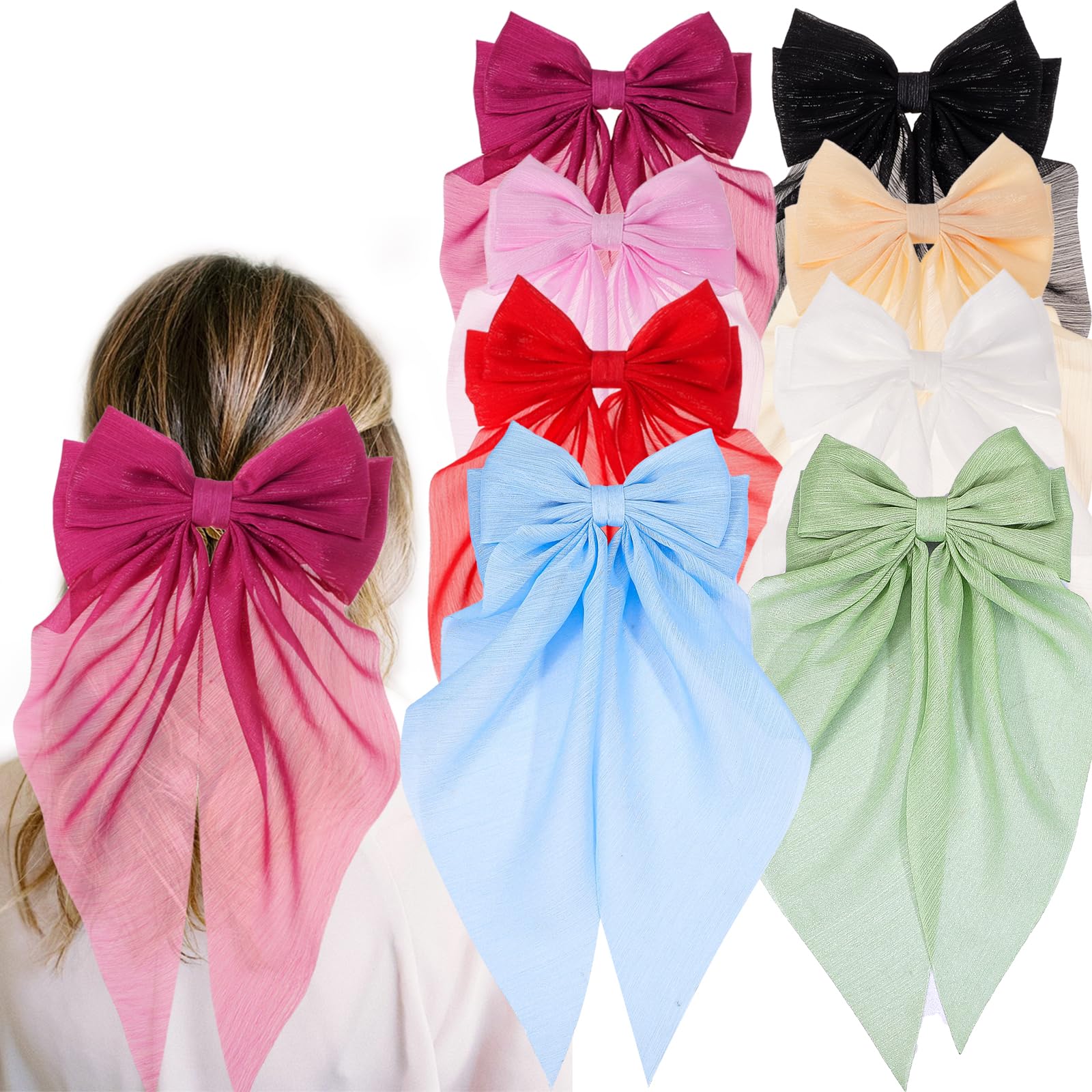 8 Pack Large Hair Bows for Women Big Bow Hair Clips Handmade Hair Ribbons Clips French Barrette Bowknot with Long Tail Hair Accessories for Women