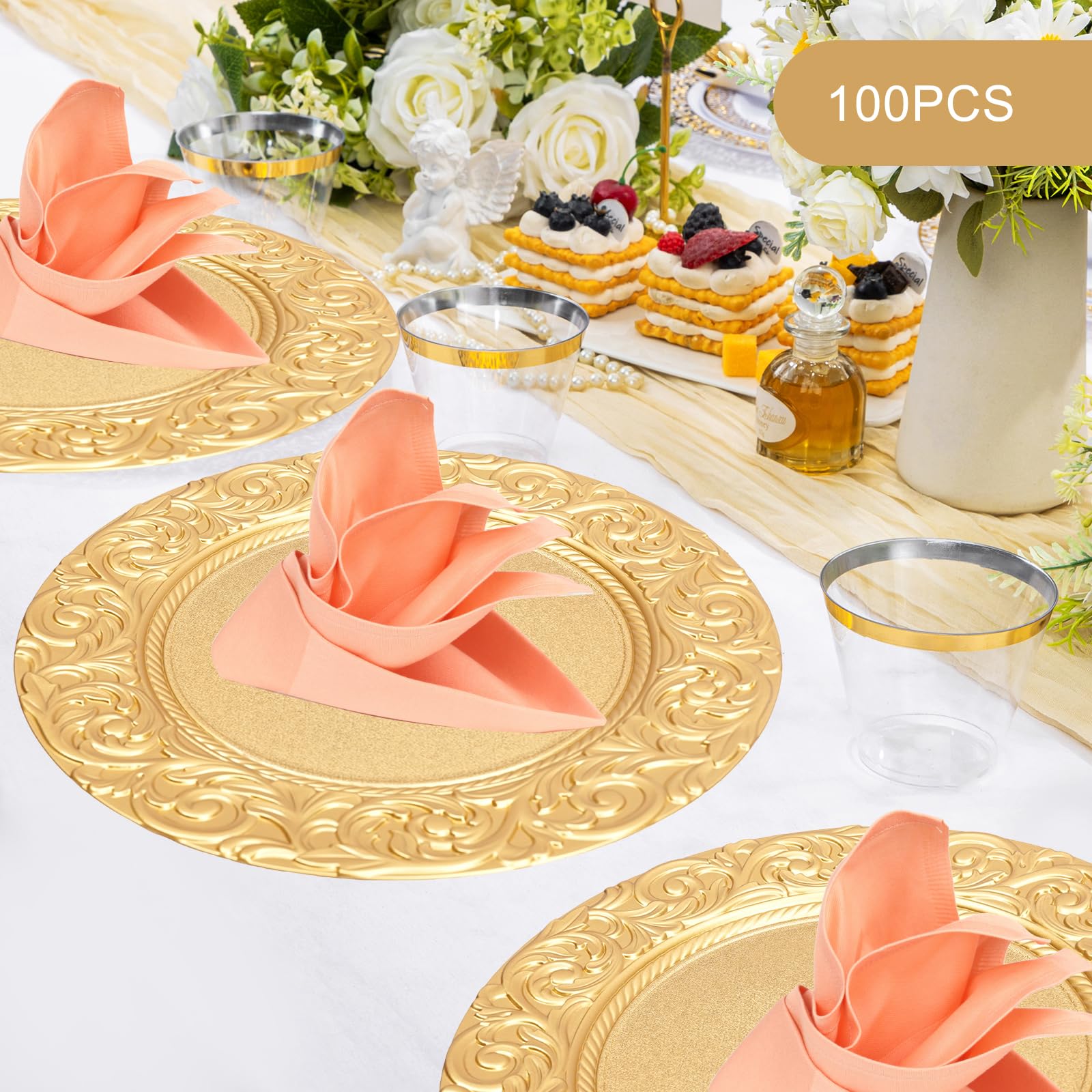 Platos dorados 100 unidades, 33 cm, diseño de arrecife de plástico, con relieve, platos decorativos para bodas y fiestas