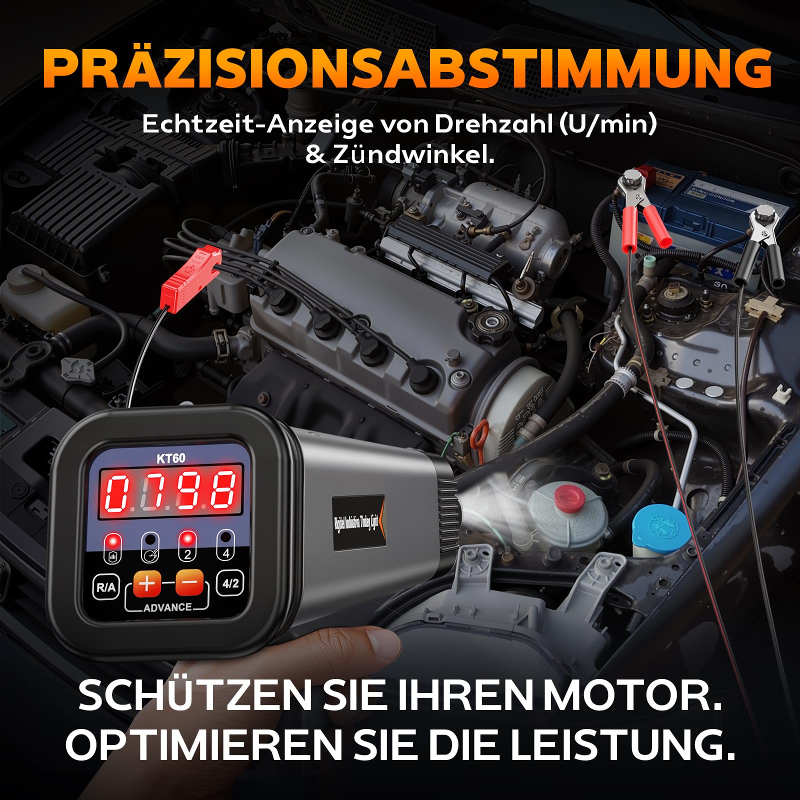 KZYEE KT60 Stroboskoplampe Zündung mit Advance & RPM 12V Zündlichtpistole | LED-Digitalanzeige Blitzpistole einstellbar Zündzeitpunktpistole für 2/4 Takt Auto LKW Motorrad Benzinmotoren Timing Light