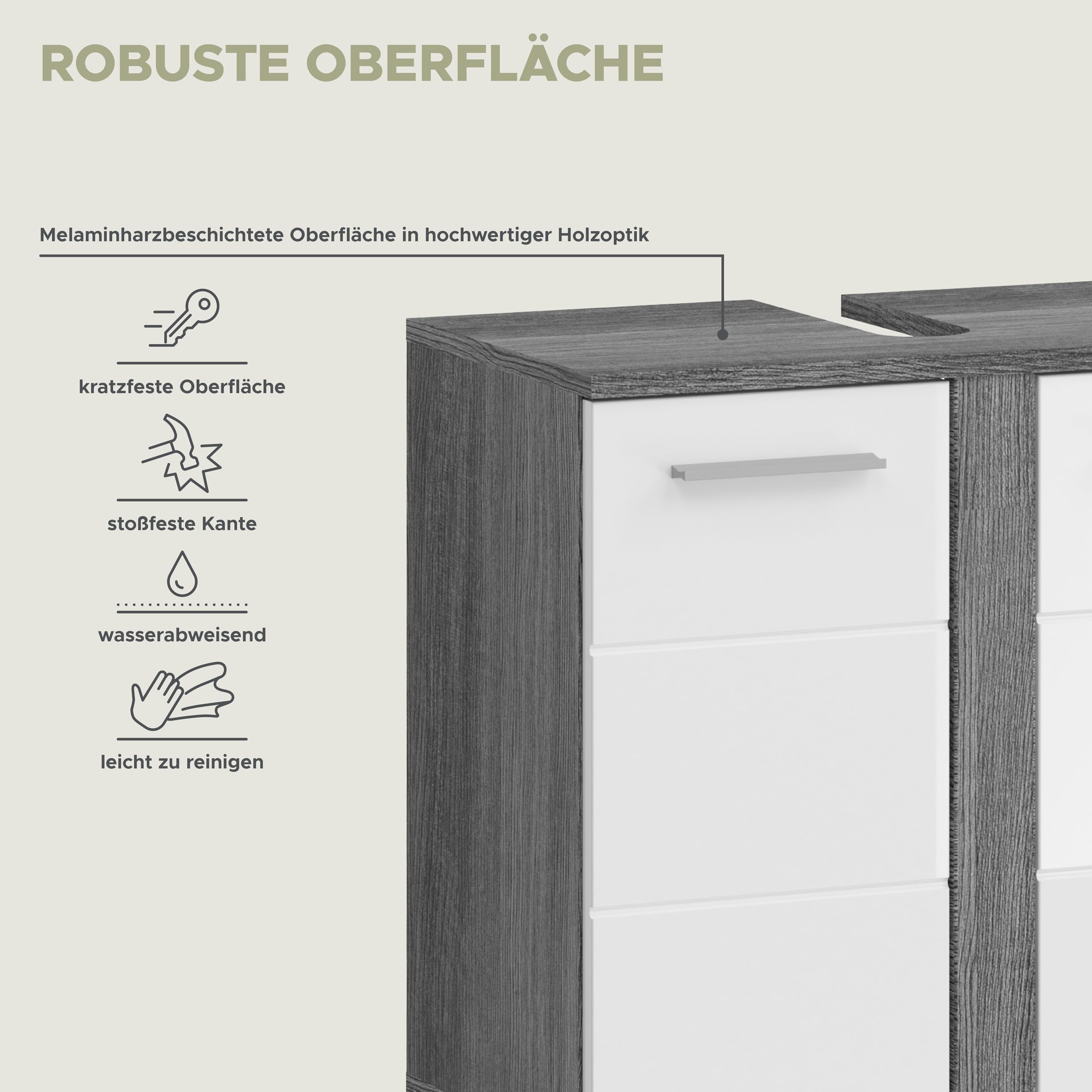 xonox.home Badezimmer Blake 3tlg. Kombination Badmöbel Set Set für kleine Bäder Komplettprogramm Badezimmer Bademöbel-Set in weiß Hochglanz, rauchsilber Nachbildung