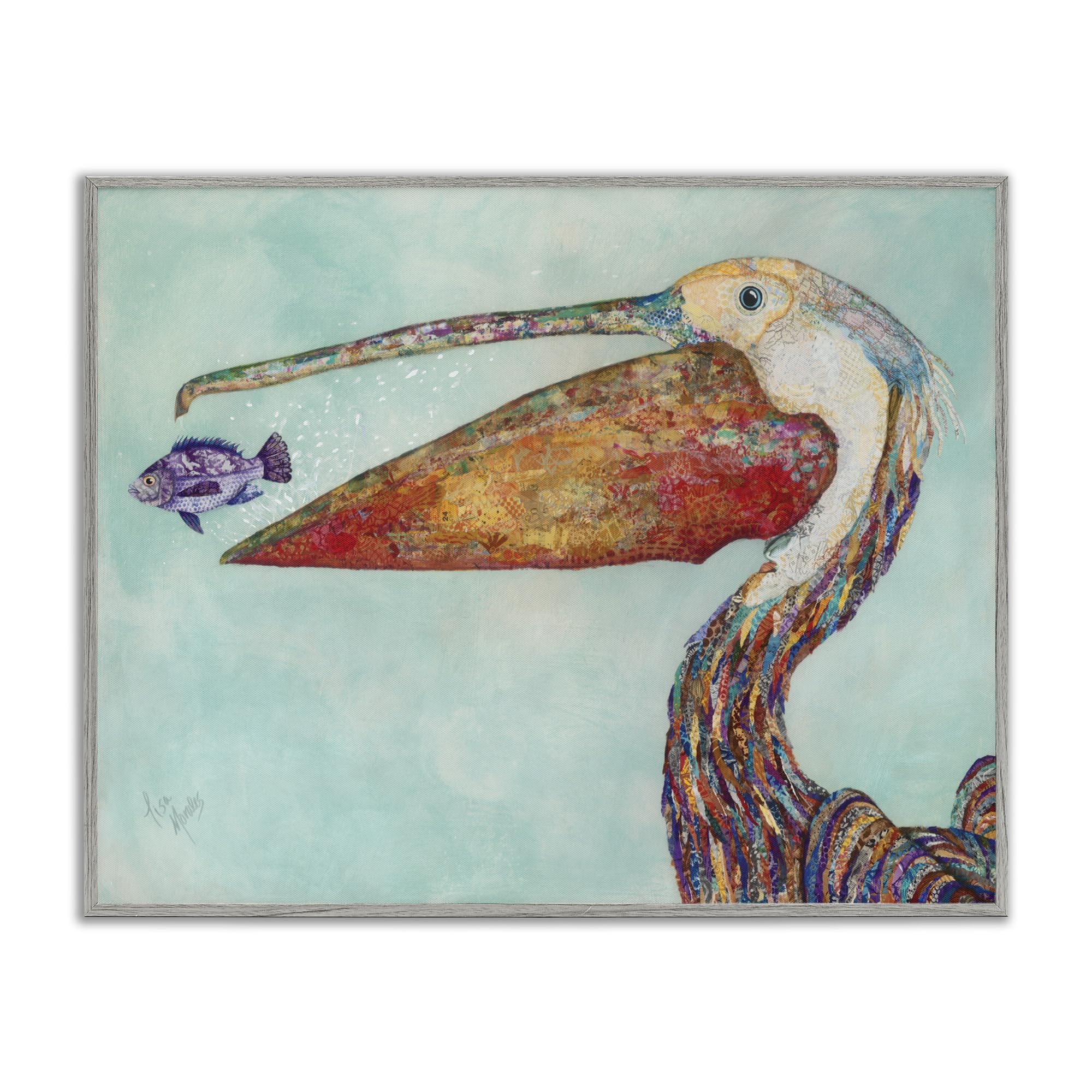 Stupell Industries Pelican's Lost Supper Fish and Patterned Feathers, Design by Lisa Morales, 24 x 30, Grey Framed