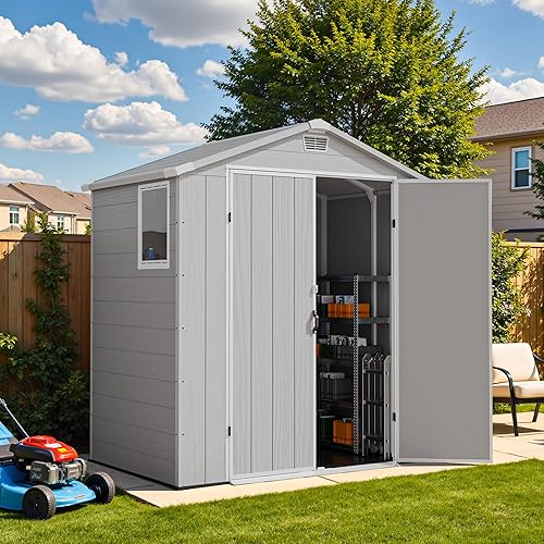 Miniatura 7 de Devoko Cobertizo de almacenamiento para exteriores de 6 x 4 pies, cobertizo de herramientas de resina con cerradura con ventana y suelo, fácil