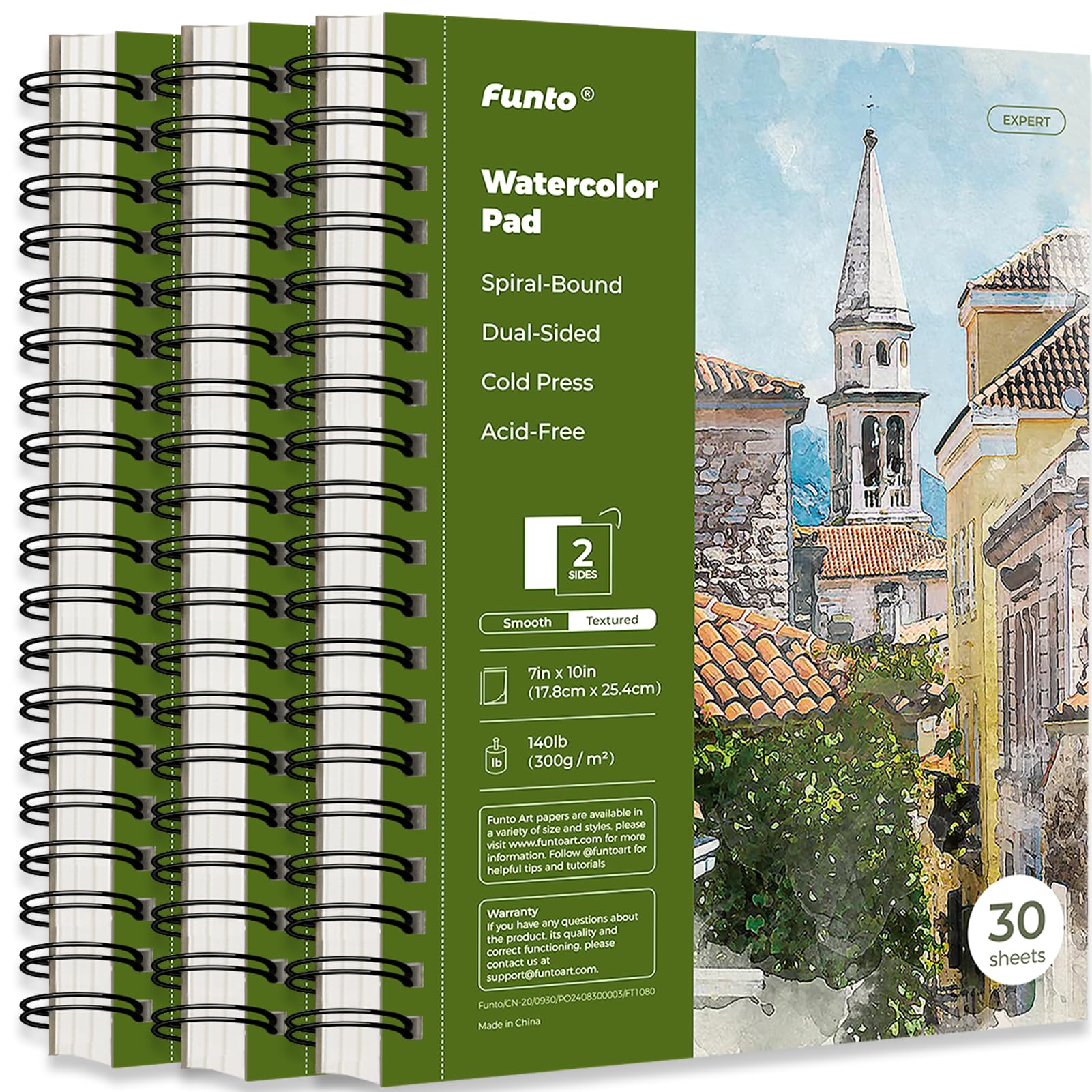 Funto Watercolor Pad 10x7, 3-Pack, 90 Sheets, 140 lb/300 GSM, Double-Sided, Cold Press, Spiral Bound, Heavyweight Paper for Watercolor Painting