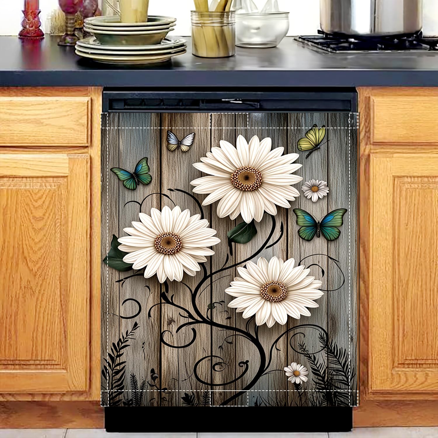 Rustic Daisy Dishwasher Magnet Cover, 23x26 in Floral Butterfly Dishwasher Magnet Covers for Kitchen Decor Fall Farmhouse Dish Washer Sticker Fridge Panel Decal for All Seasons