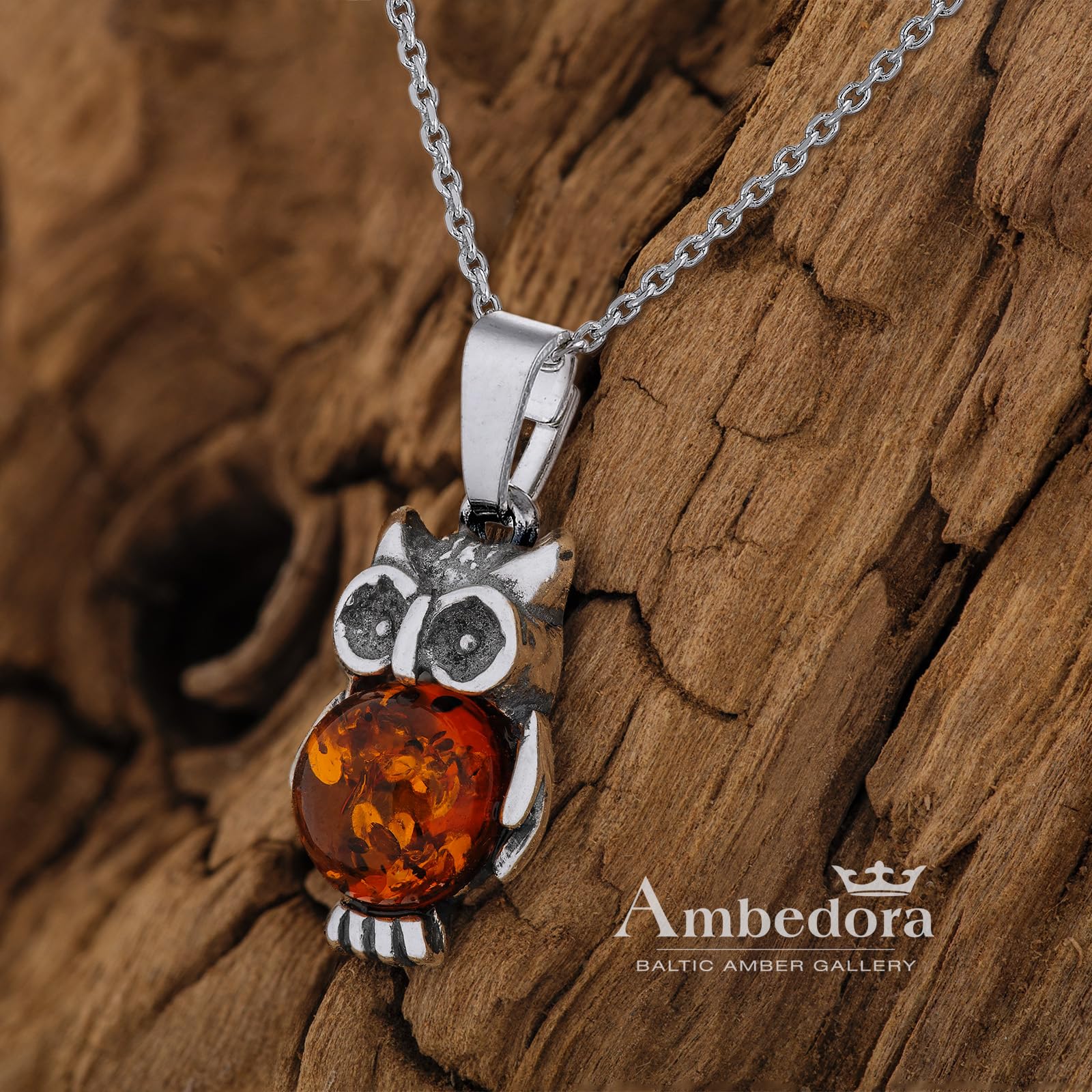 Collana da donna con ambra baltica color cognac, argento 925 ossidato, ciondolo XVI Gufo piccolo con catena, Set regalo