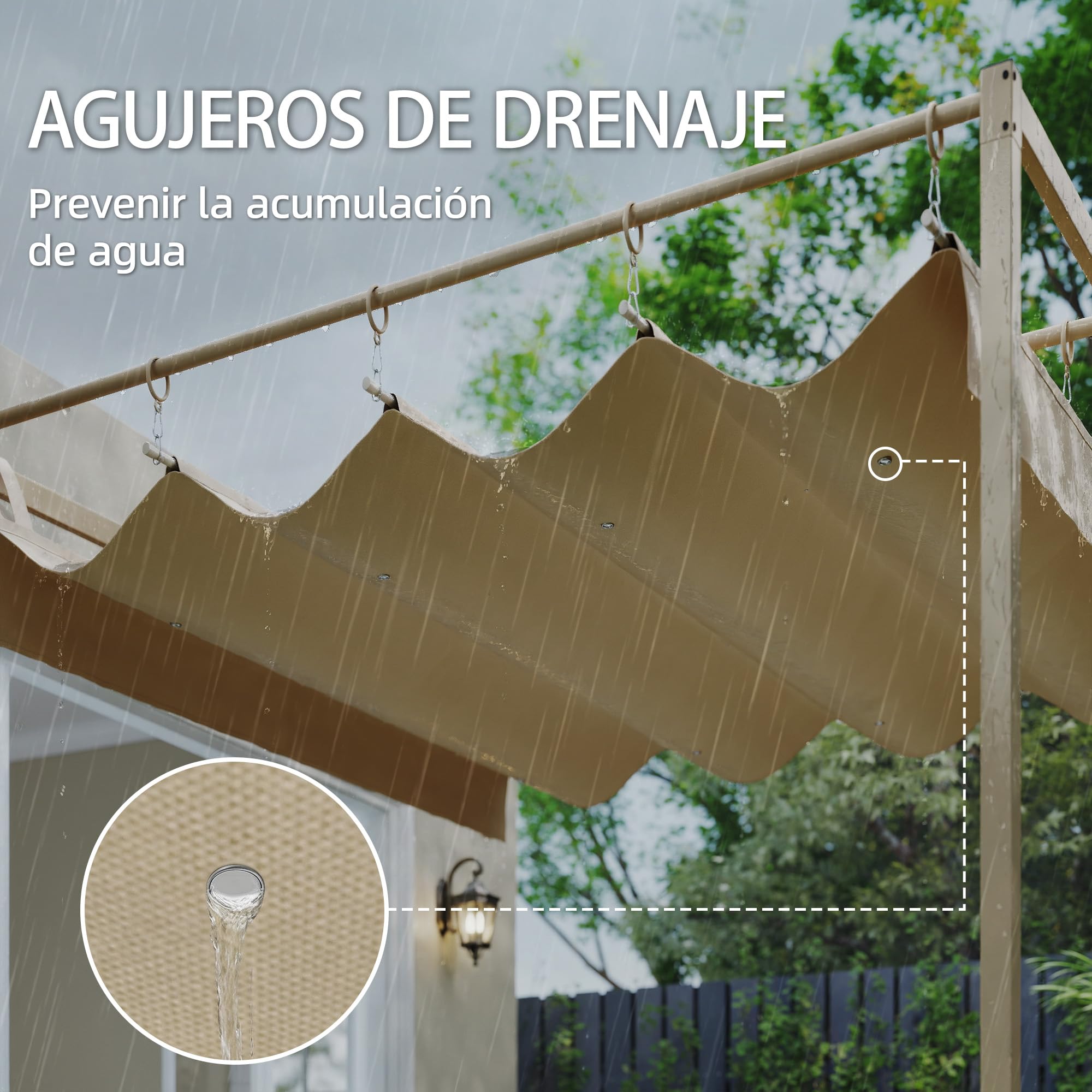 Outsunny Pérgola de Pared de Jardín 3x3 m, Cenador de Jardín con Techo Retráctil, Protección UPF30+, Orificios de Drenaje y Estructura de Acero, Pabellón para Patio, Terraza, Exterior, Beige — view 6