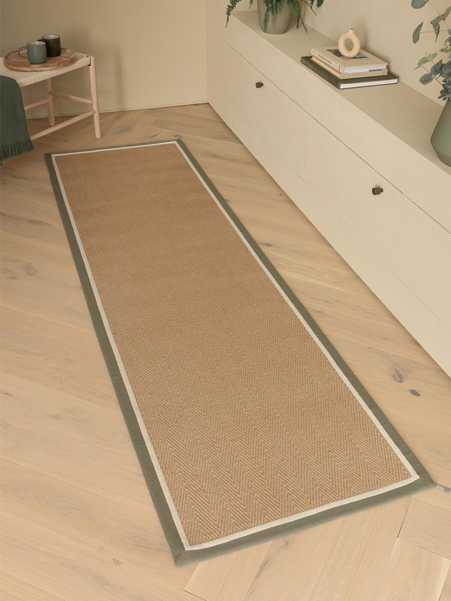 Lord of Rugs Natural Jute Flatweave Rug with Cotton Border LinoWeave Herringbone Design Beige Natural Living Room Bedroom Dining Area Rug Khaki Cream, Runner 68 × 240 cm (2'3"x7'10")