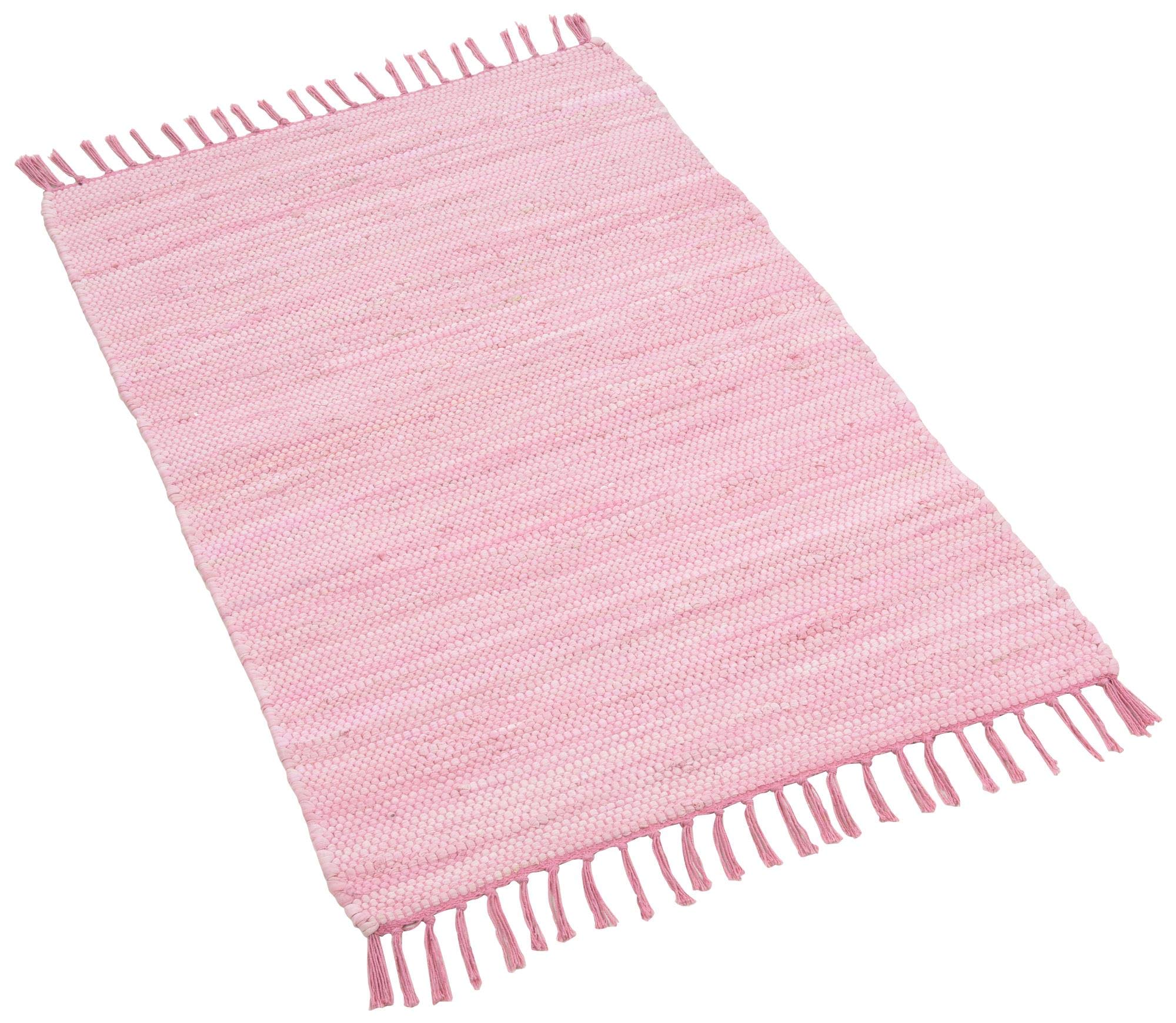 THEKO | Dhurry Tapis en 100% Coton à Tissage Plat Happy Cotton | tissé à la Main | Couleur : Rose | 60 x 120 cm