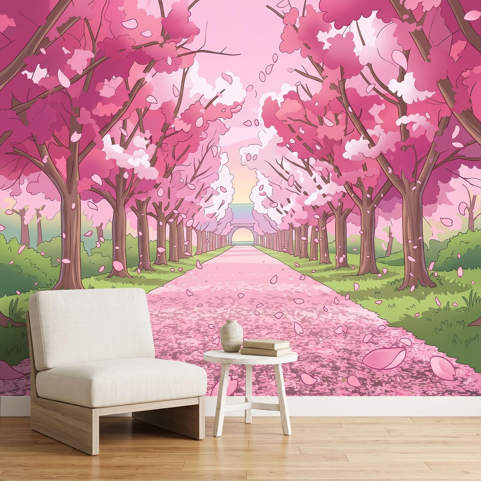 Panoramiczna tapeta z włókniny 300 x 210 cm animowany krajobraz, pokój dziewczęcy różowa aleja kwiaty wiśni fototapeta, do salonu dekoracja ścienna do pokoju dziecięcego