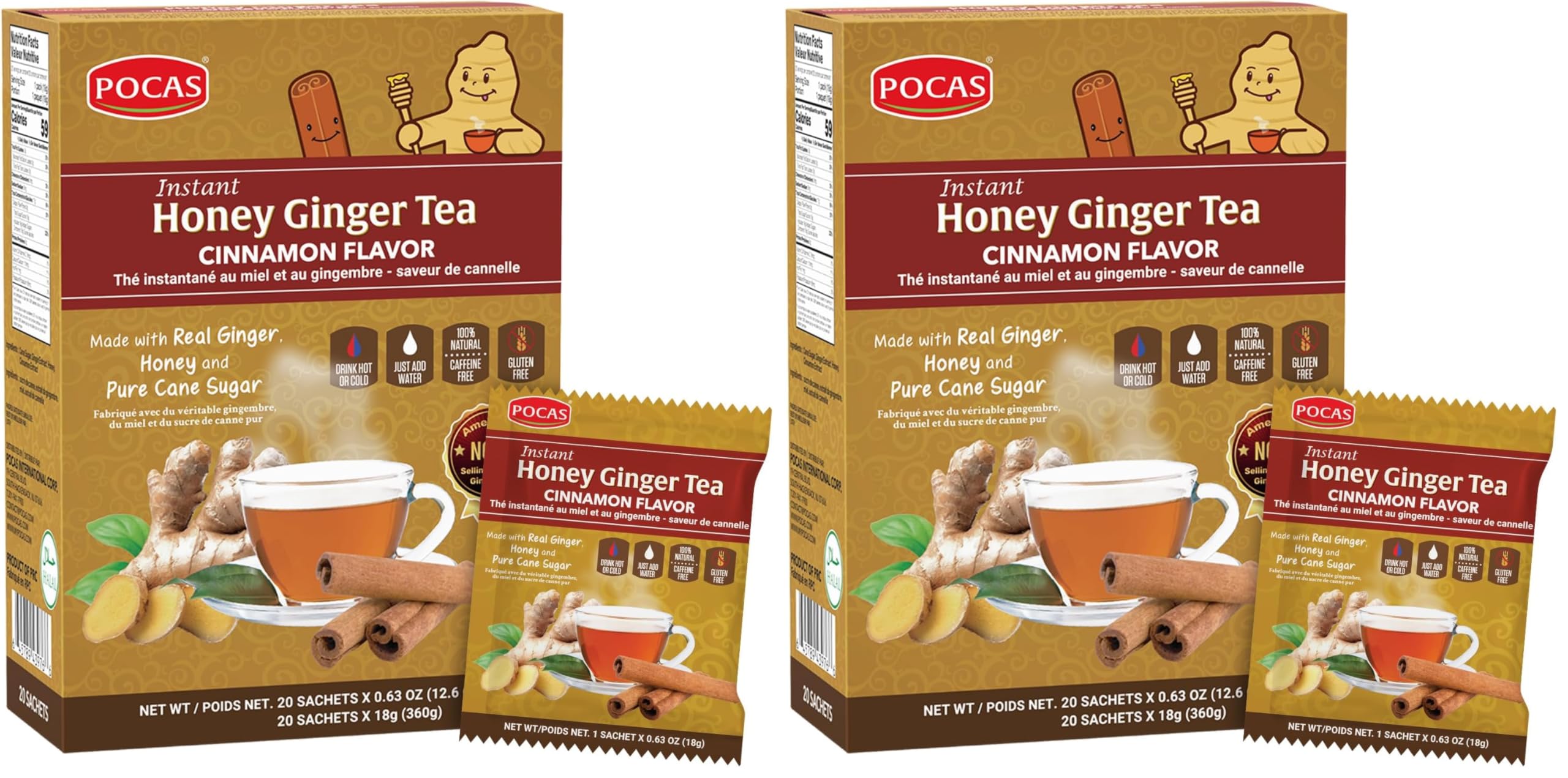 Honey Ginger Tea - Instant Tea Powder Packets with Cinnamon & Ginger Honey Crystals, Non-GMO/Gluten Free/Caffeine Free, 20 Count (Pack of 2)