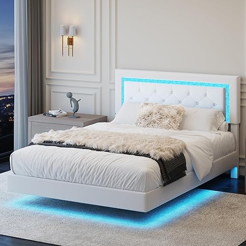 Miniatura 10 de KEIKI Base de cama de plataforma flotante tamaño Queen con cabecera capitonada de diamante, cama tapizada con luces LED, 5.7 pulgadas de espacio