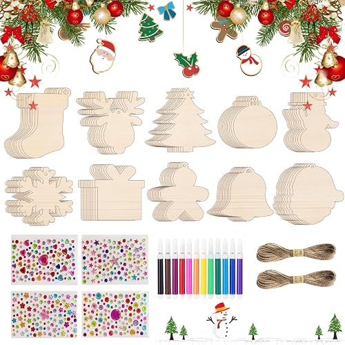 100 Stück Holzanhänger Weihnachten zum Bemalen, 8 Stile Basteln Weihnachten, Hol