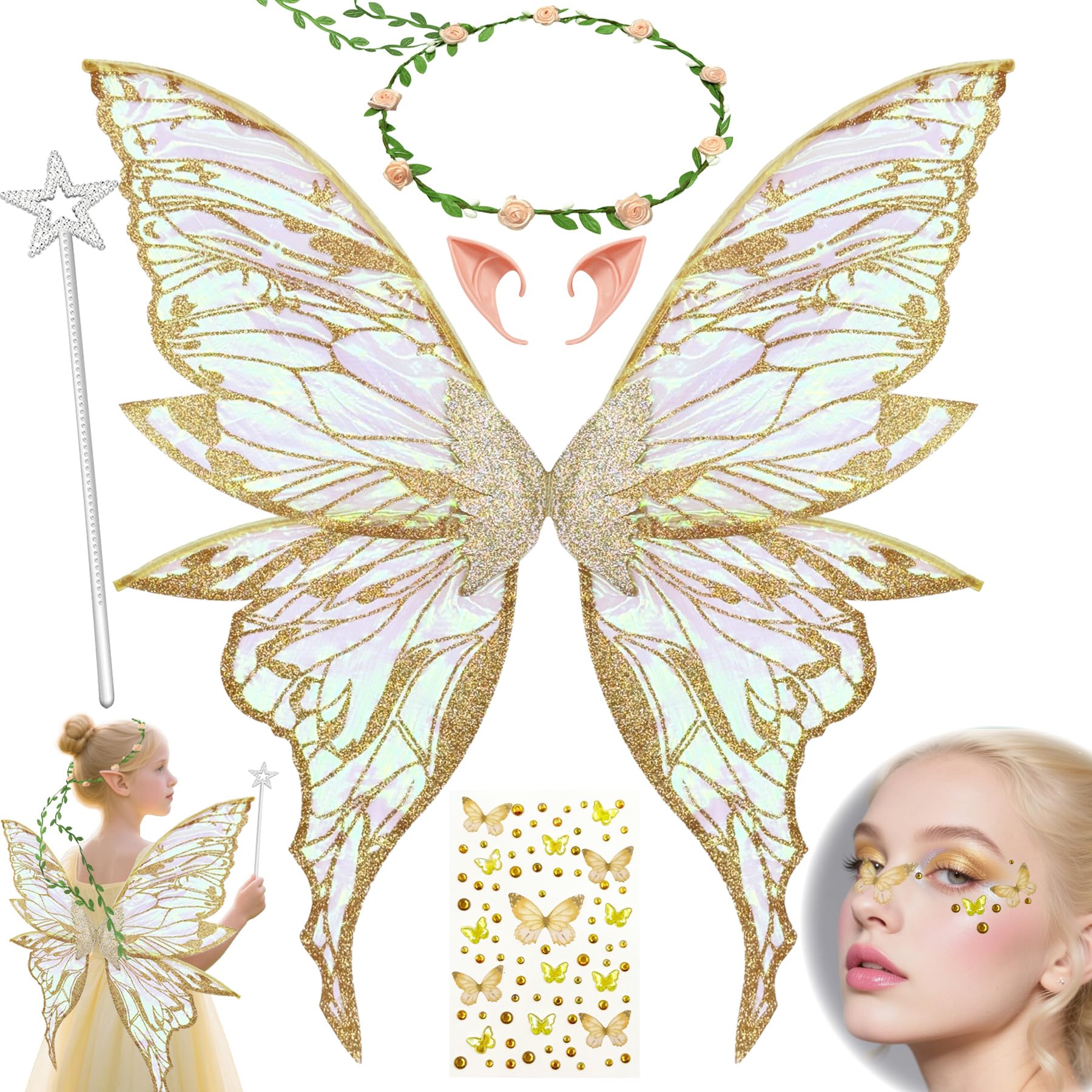 YeahBoom Children's fairy wings, butterfly wings with elf ears, fairy headband and star fairy wands, butterfly wings