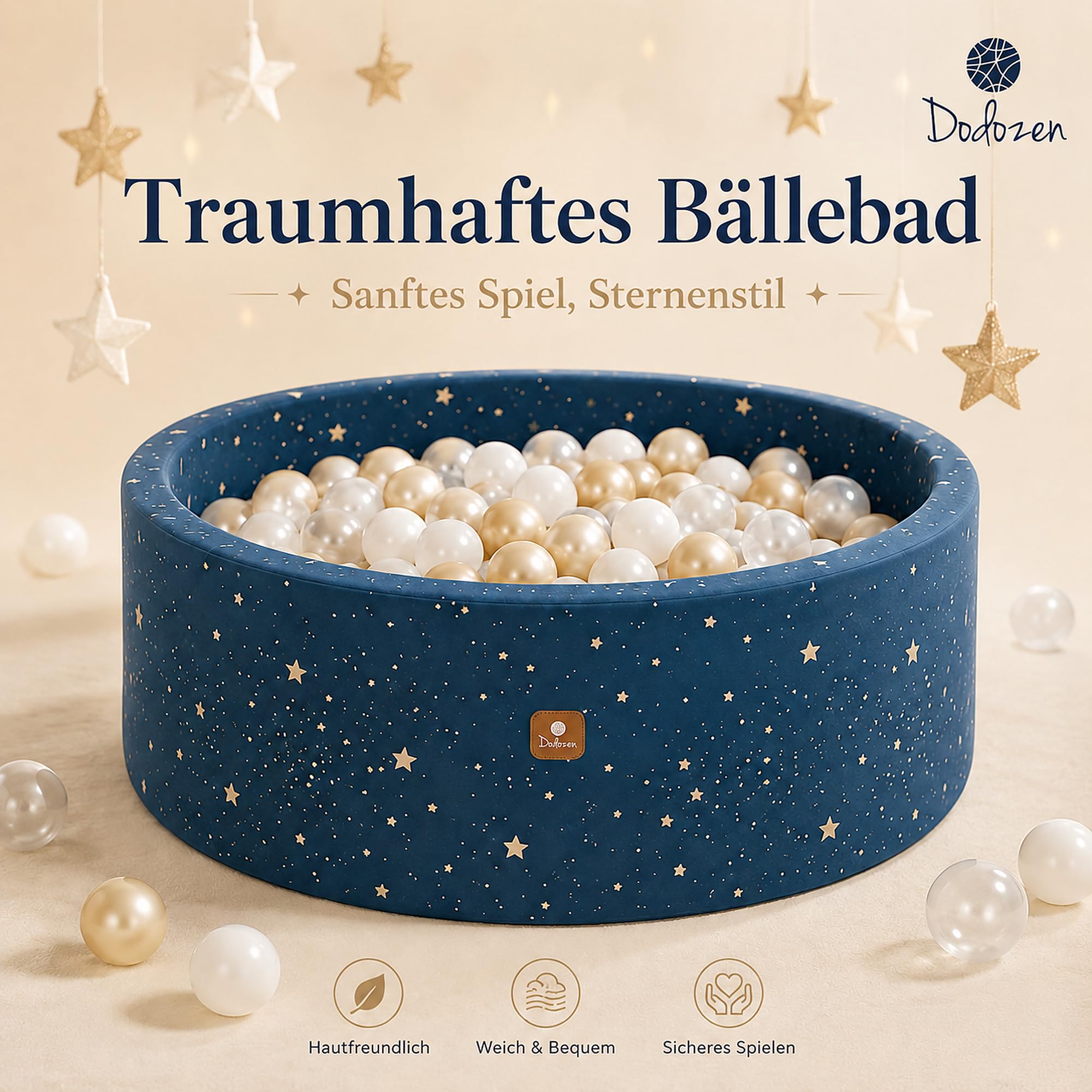 Bällebad 90X30cm/200 Bälle ∅ 7Cm Bällepool Für Babys Kinder Rund,Superweicher Samt,Abnehmbar und waschbar,Nachthimmel:Weiß/Transparent/Gold