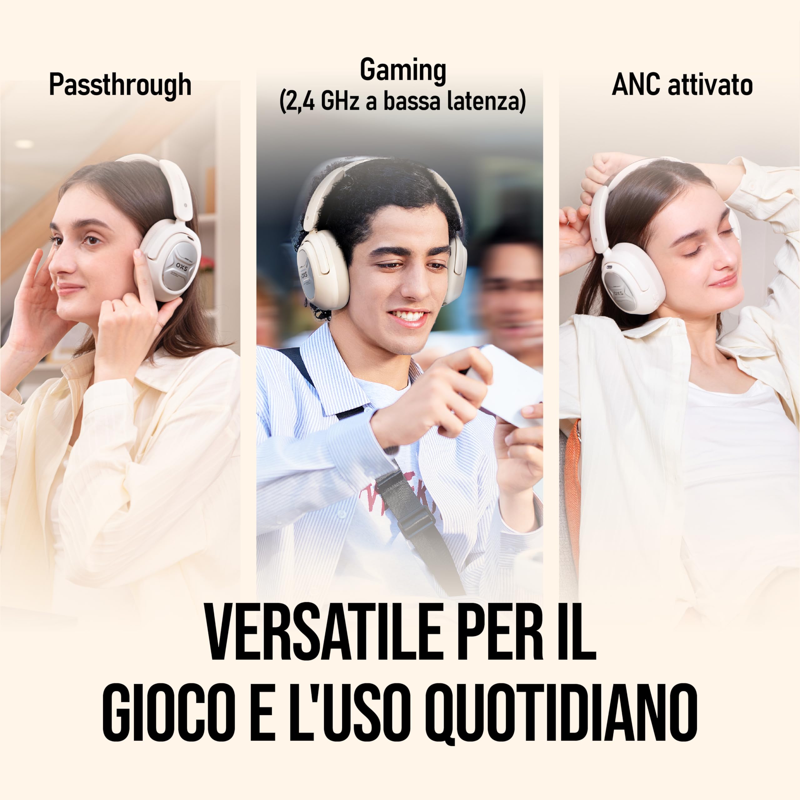 OXS Storm A2 Cuffie da Gioco Wireless, Cancellazione Attiva del Rumore, Bluetooth 5.4 & Bassa Latenza 2,4 GHz, Doppia Modalità EQ, 70 Ore di Batteria, per PC, PS4, PS5, Switch e Cellulare, Bianco