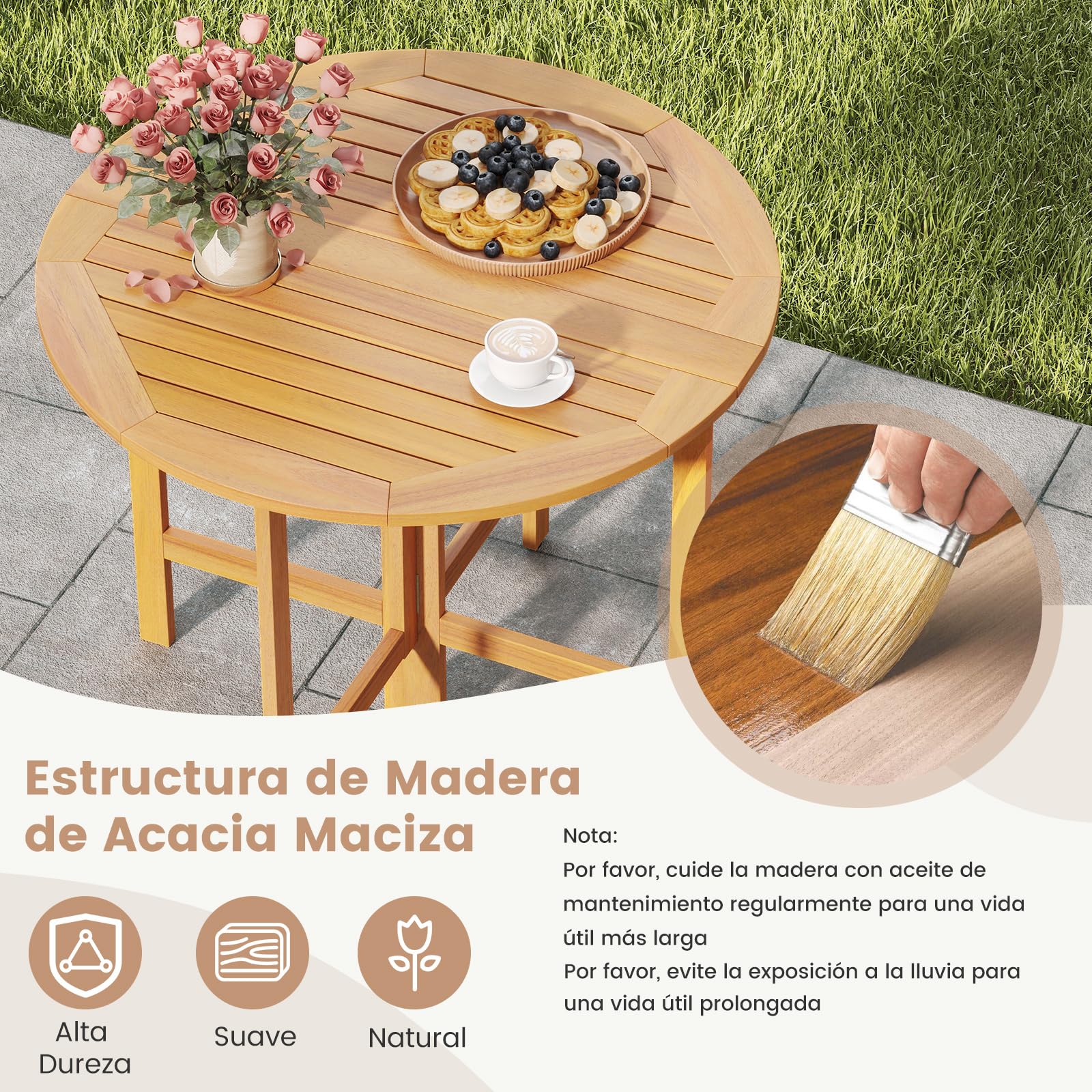 COSTWAY Mesa Plegable Jardín de Madera Acacia, 90 x 75 cm, Mesa Redonda de Comedor, Tablero de Listones, Jardín Porche Terraza Balcón Exterior Interior, Sin Montaje