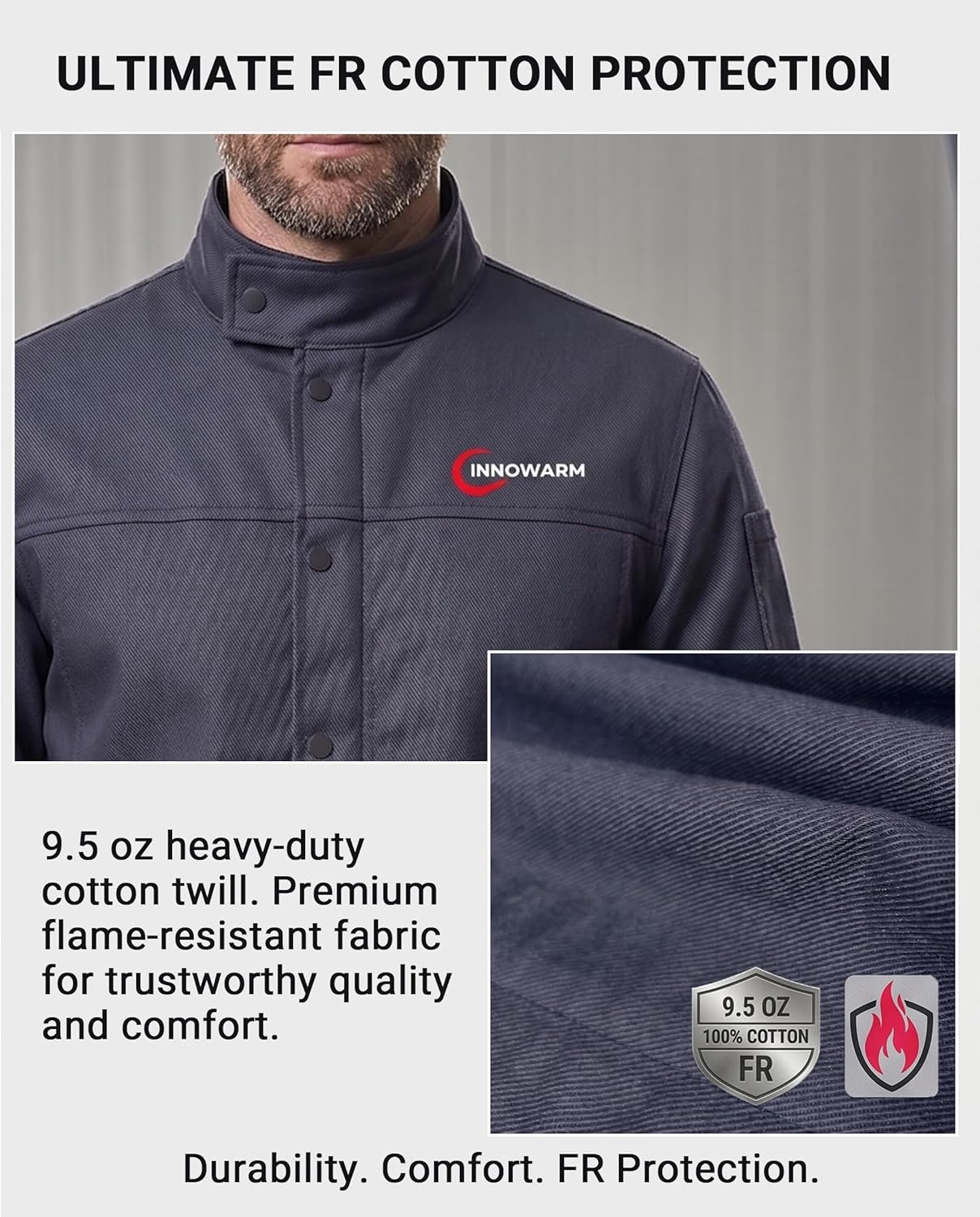 FR Welding Jacket for Men, 9.5 oz 100% Cotton Flame Resistant Work Jacket, NFPA 2112, Reflective Back Strip