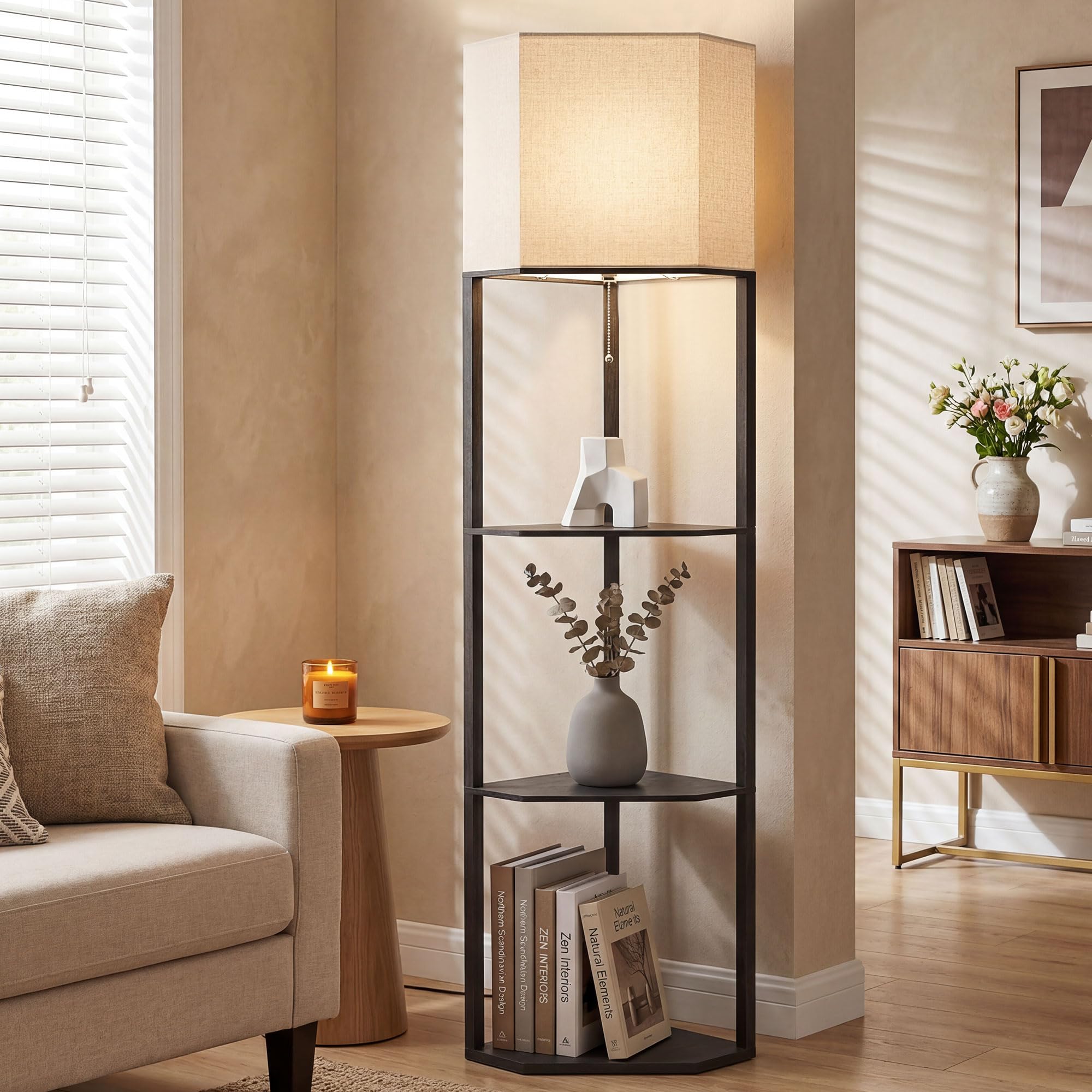 Homcom Black Corner Floor Lamp With Shelves And Lights, Modern Tall Standing Lamp With Chain Switch For Living Room, Bedroom, Bulb Not Included,