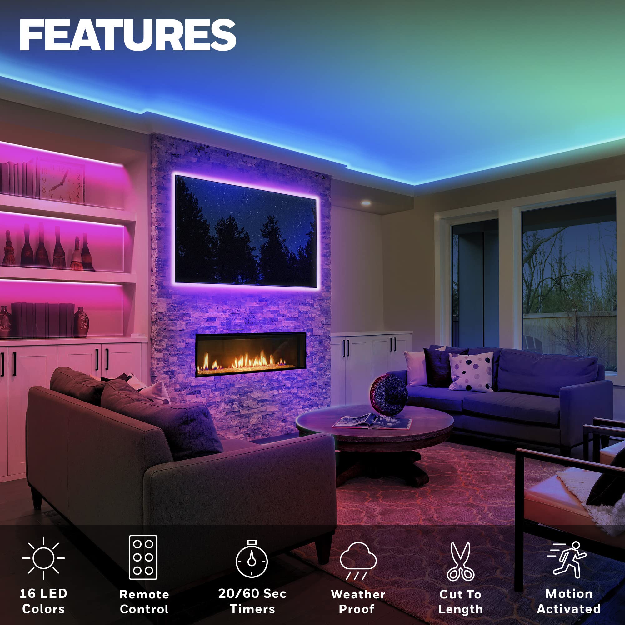 Honeywell 16.4ft Indoor LED Strip Light - Color Changing RGB, Motion Activated with Remote Control - for Bedroom, Kitchen, Dorm, Game Room, Cabinets, Etc - Wall Plug 12 Volt No Battery