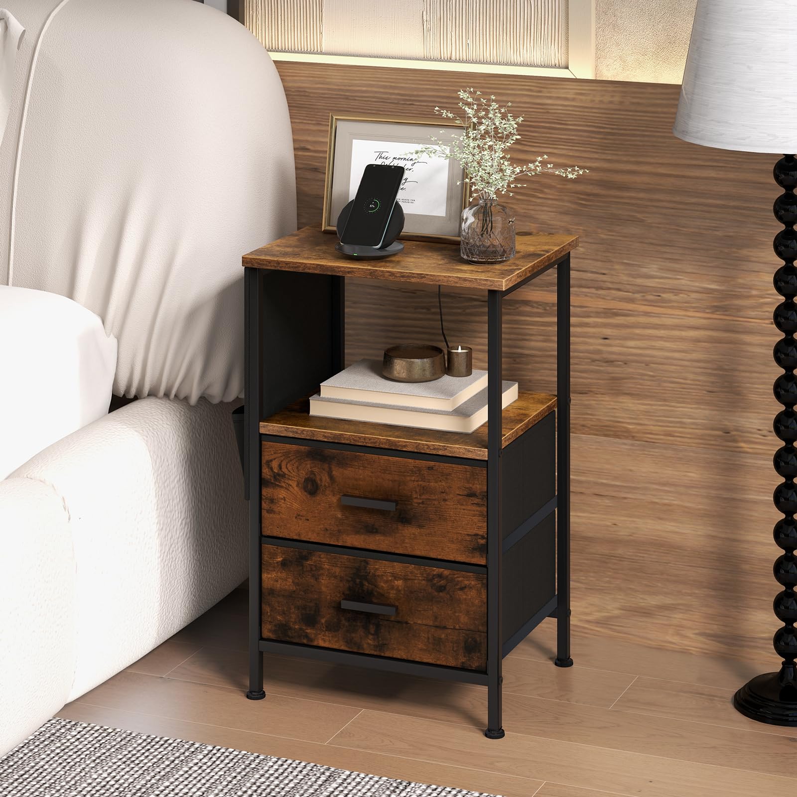 COSTWAY Stolik nocny 2 sztuki z 2 szufladami gniazdko elektryczne USB drewniany 38x30x60 cm rustykalny brąz