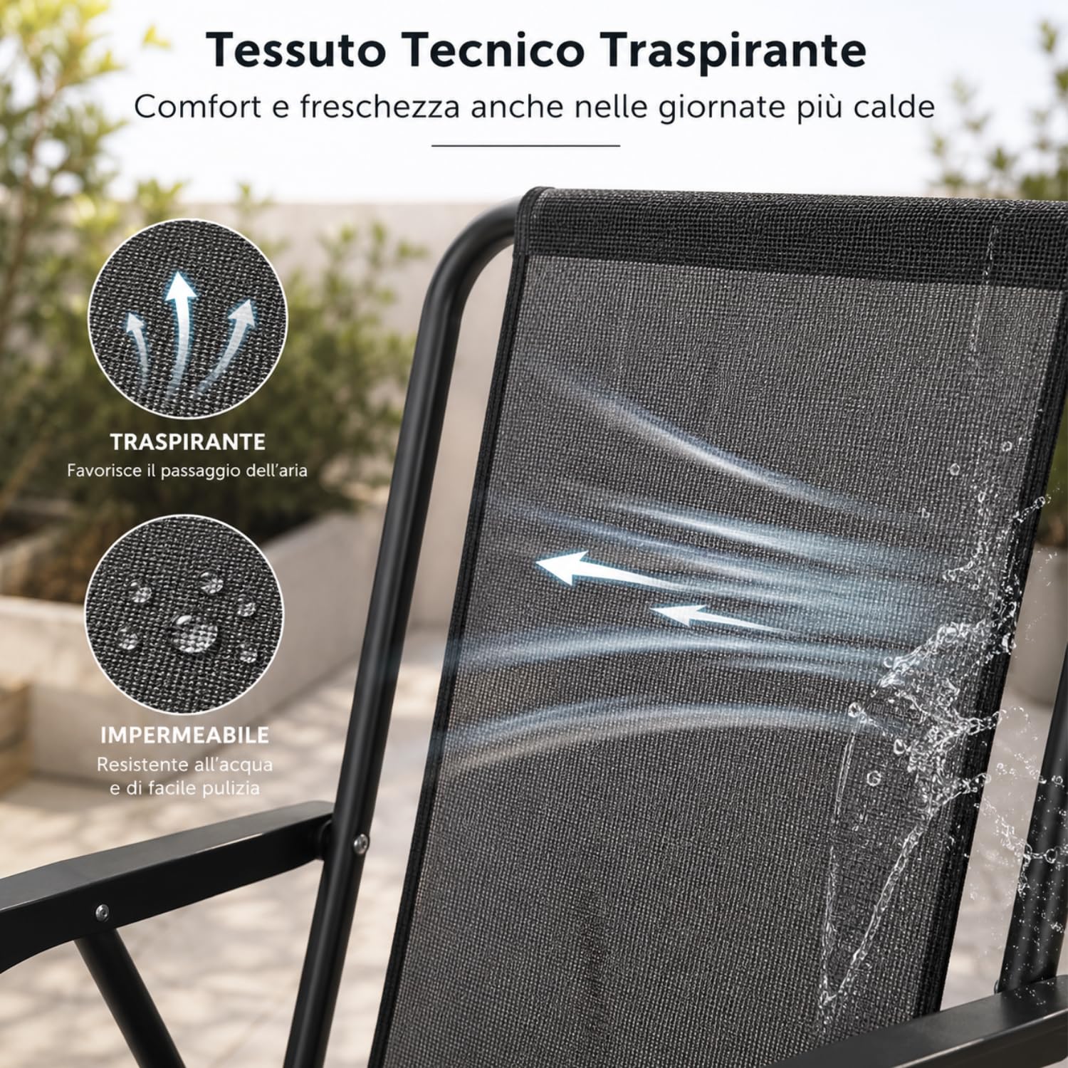 Generico Sedia Pieghevole da Giardino con Braccioli, Sedia da Esterno in Metallo e Tessuto Traspirante, Salvaspazio, Leggera e Resistente, per Balcone, Terrazzo, Campeggio e Mare, Nero (1)
