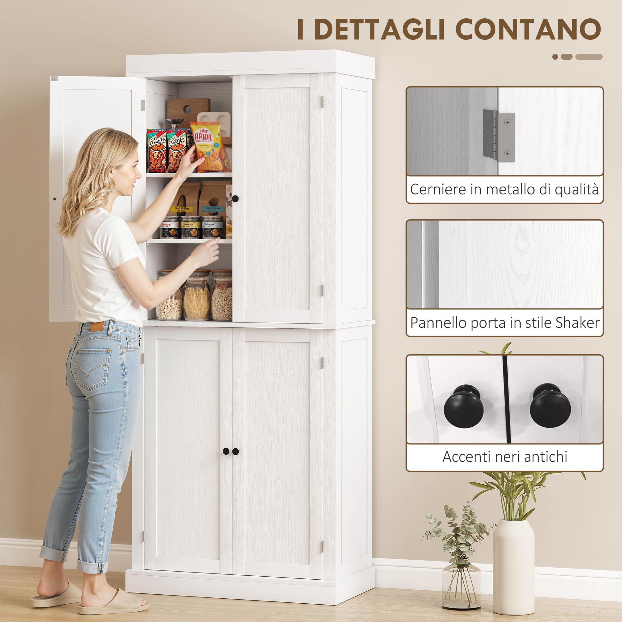 HOMCOM Credenza Cucina Alta 184cm, Mobile Dispensa con 4 Ante Chiusura Magnetica, Ripiani Regolabili, Mobile Cucina a 6 Livelli, per Sala da Pranzo Soggiorno, Bianco