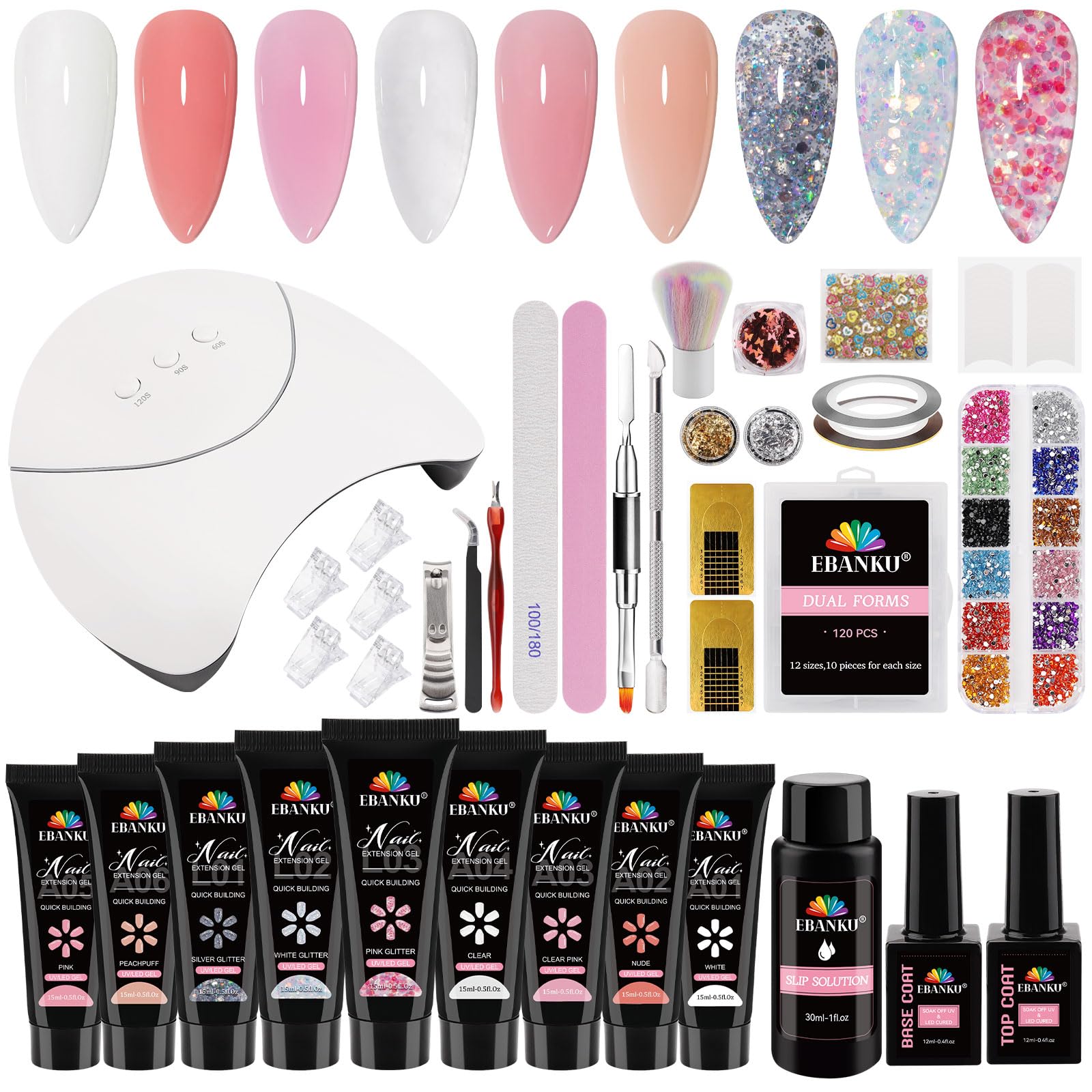EBANKU Poly Gel Unghie Kit, 9 Colori Nail Extension Gel Kit Semipermanente Unghie Kit Rricostruzione Unghie Gel Completo con Lampada Unghie Finte Top Base Coat per Nail Art