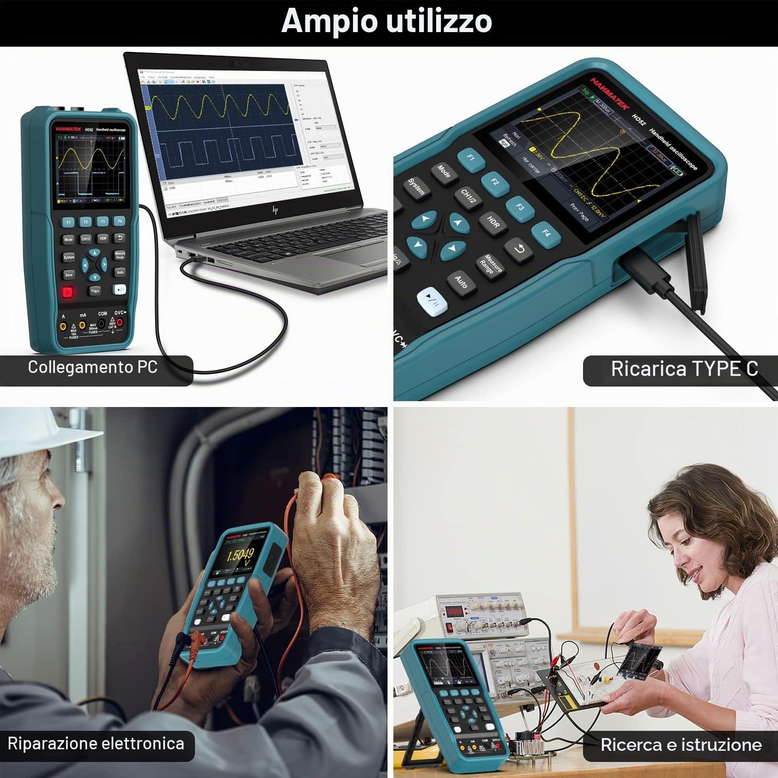 Oscilloscopio Digitale, HANMATEK HO52 Mini Oscilloscopio da 3,5"TFT,2 IN 1 Oscilloscopio e Multimetro, Schermo Retroilluminato, Funzione Auto-Calibrazione, 7 Misurazioni Automatiche, Funzione Memoria