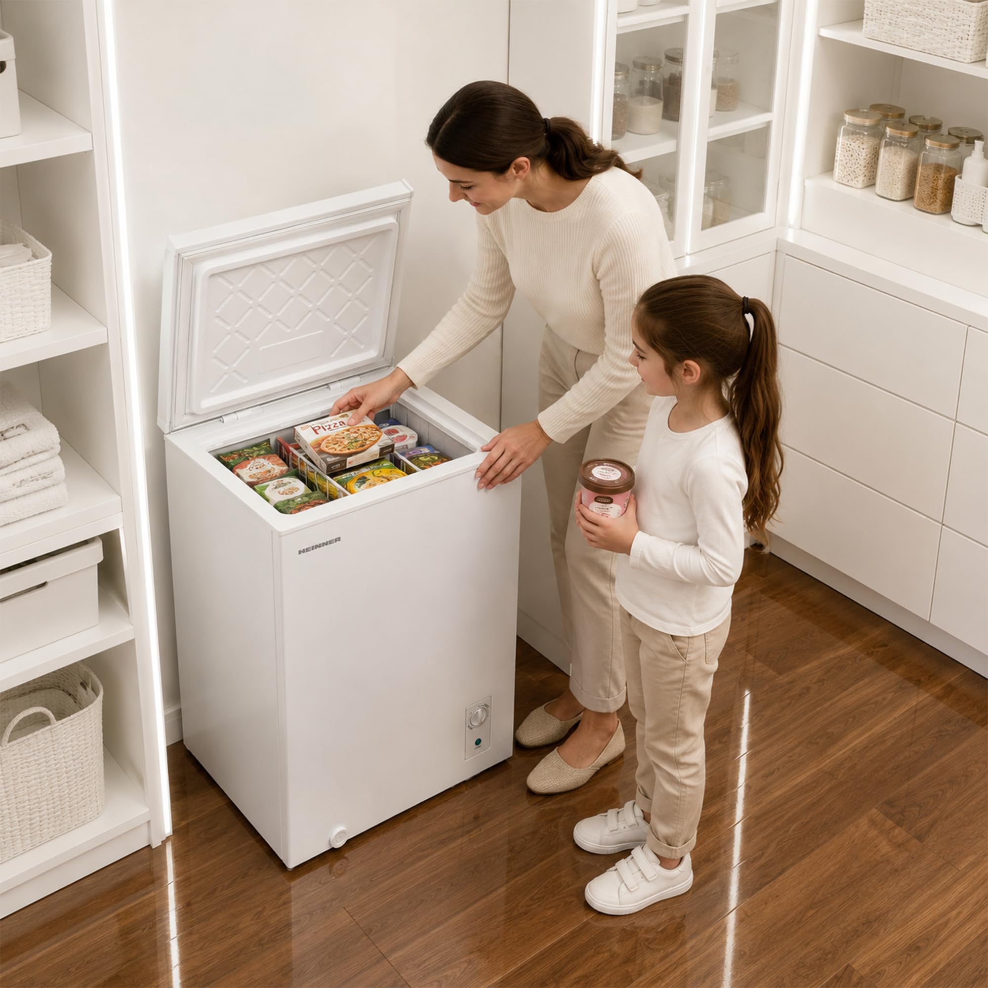 Gefriertruhe 99L Weiß mit Inverter-Kompressor – Tiefkühltruhe Freistehend, Schnellgefrieren, LED-Innenbeleuchtung, 4-Sterne, Einhängekorb, Energieklasse E, leise, für Keller & Garage