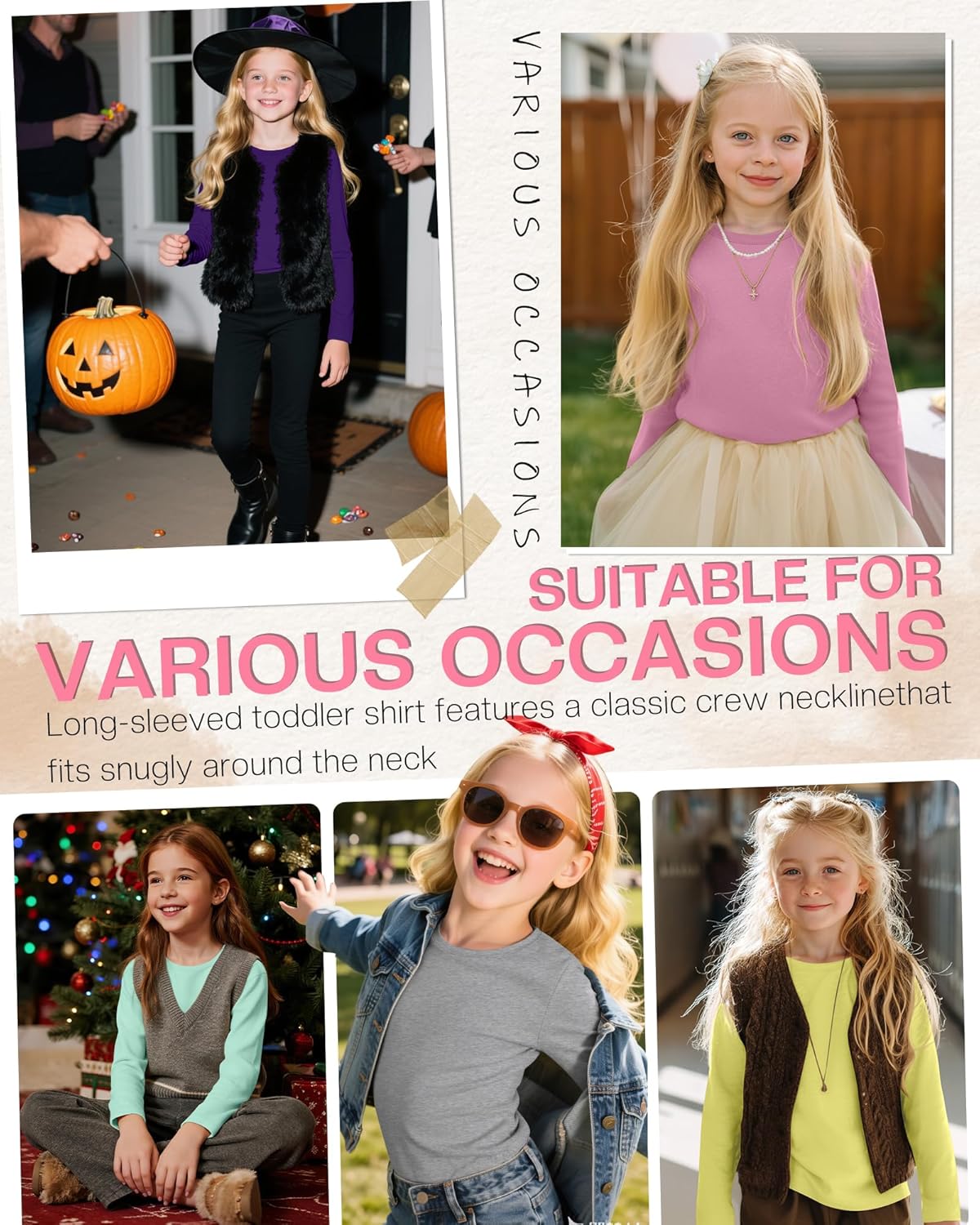 5 Pack Girls' Long Sleeve Shirts Kids Soft Crewneck Casual Loose Fit Layering Tops Basic Athletic Pullover Tee - Image 4