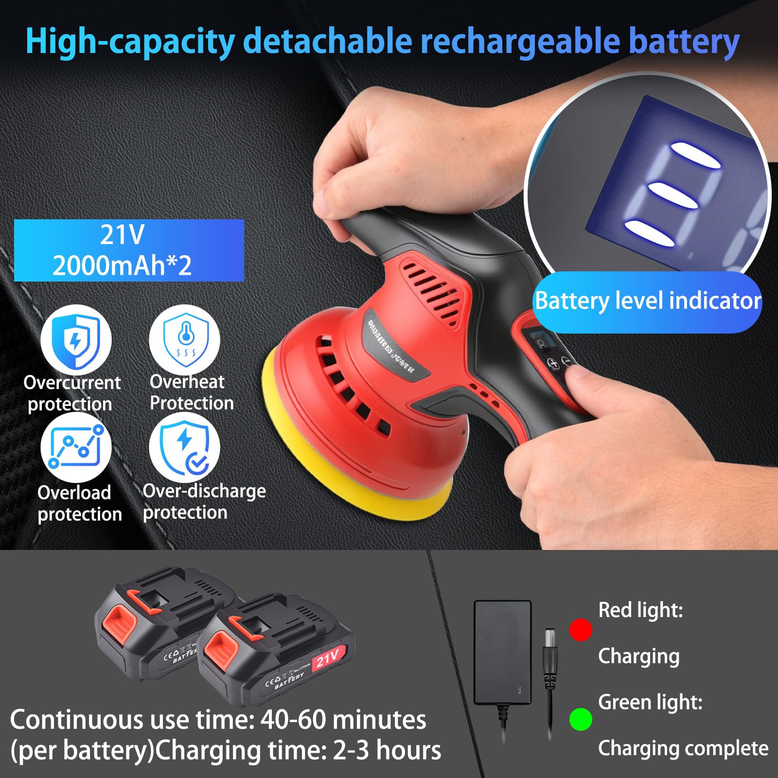 Pulidora Coche Inalámbrica, Pulidora Orbital 6" con 2 Baterías 21V 2.0Ah,Juego de 17 piezas, Pantalla Táctil 8 Velocidades Variables para Eliminación de Arañazos y Detalles del Automóvil.