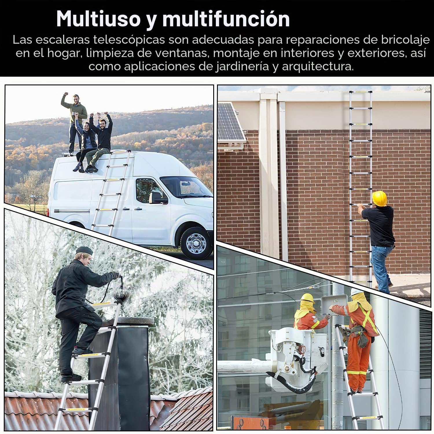 Escalera telescópica de aluminio de 3,2 m, extensible, con asa de transporte, antideslizante, multiusos, soporta hasta 150 kg