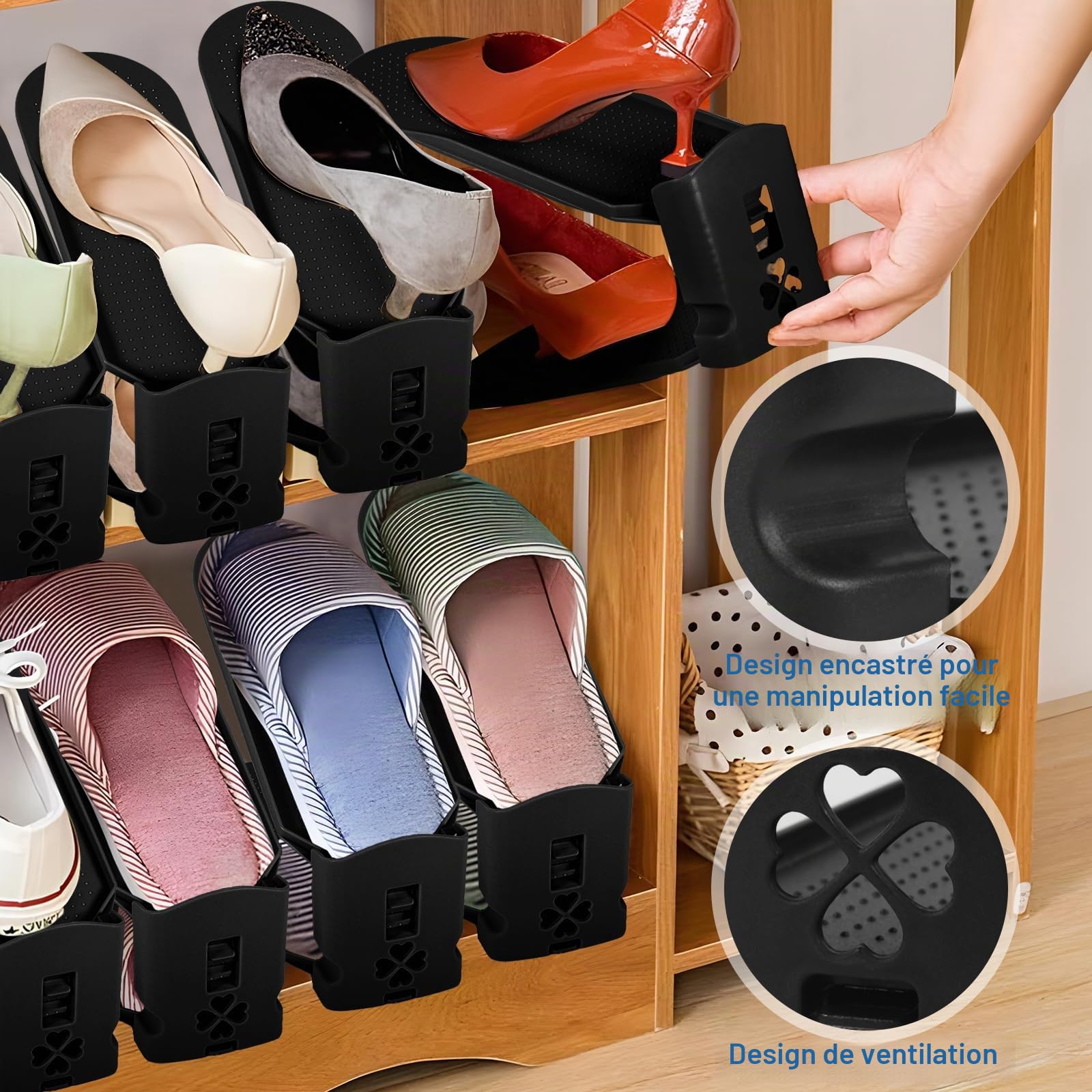 10PCS Support à Chaussures Réglables - Organiseur et Rangement Empilable - Gain de Place - Matériau PP Durable et Facile D'entretien (Noir)