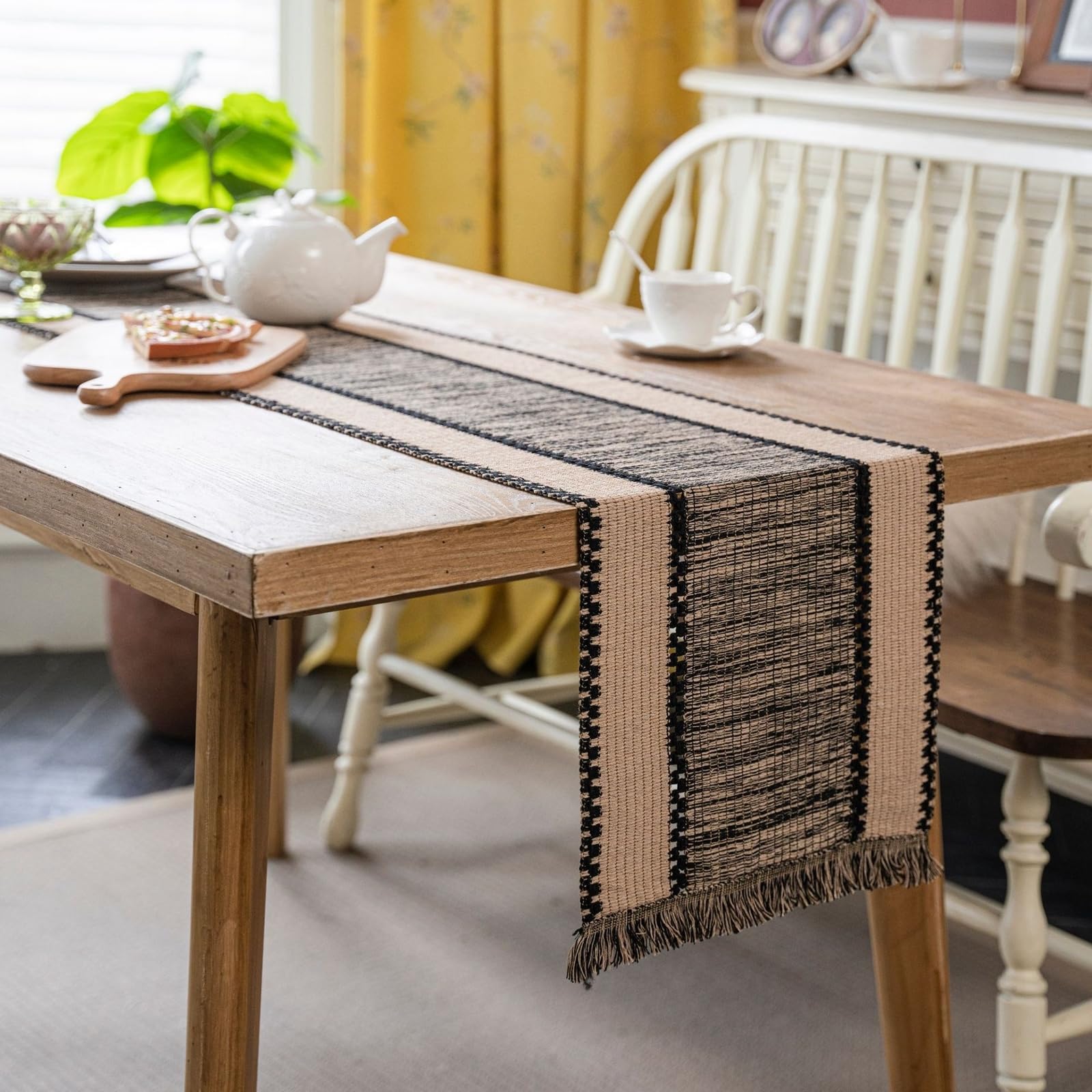 Tischläufer Modern Baumwollleinen, Tischläufer Wohnzimmer 35x240 cm, Uni Gewebt mit Quasten
