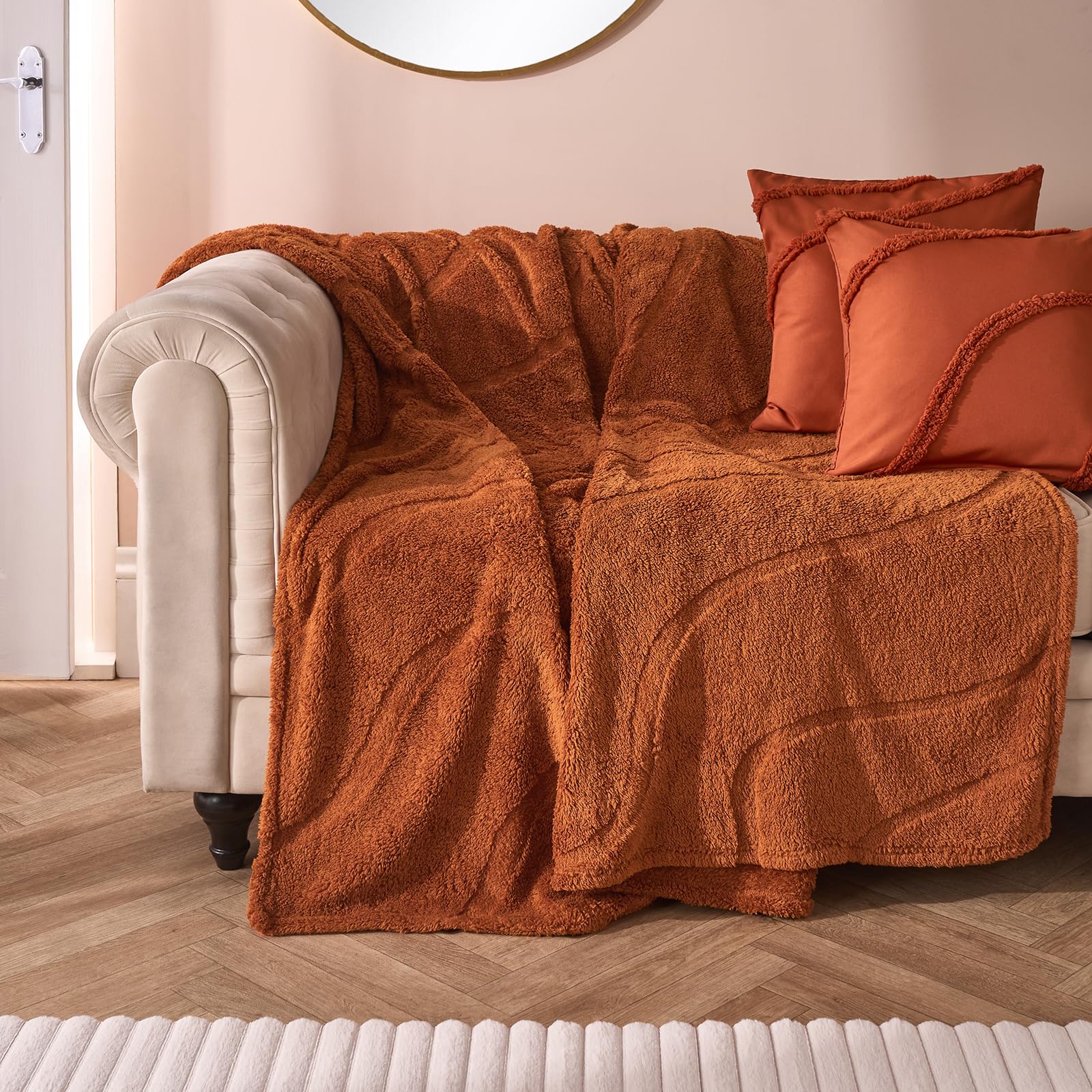 OHS Teddy Fleece Blanket, Super Soft Cosy Warm Tufted Contour Throws for Sofas Bed Settee Decorative Fleece Blanket Lightweight Comfy Single Bed Throw, Rust - 125 x 150cm